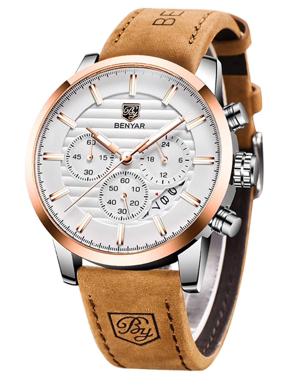 Men's Waterproof Quartz Chronograph Watch - Leather Band Business & Sport Design - Perfect for Office, Casual & Outdoor Activities