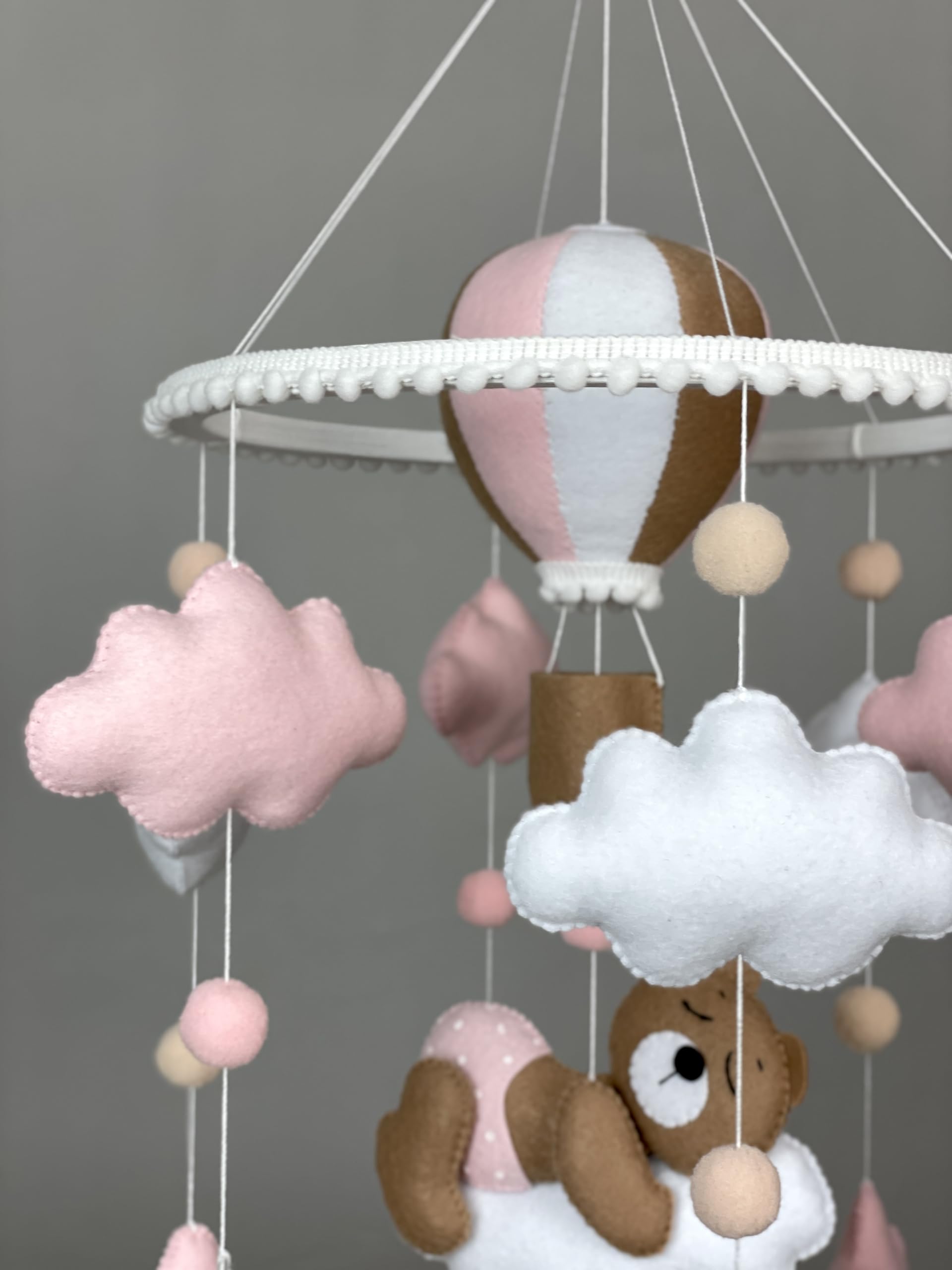 Pink Teddy Bear Baby Mobile for Crib - Balloon Themed Nursery Decor, Newborn Girl Gift for Baby Shower & New Moms | Perfect for Nursery Room, Baby Girl Bedroom & New Mom Gifts