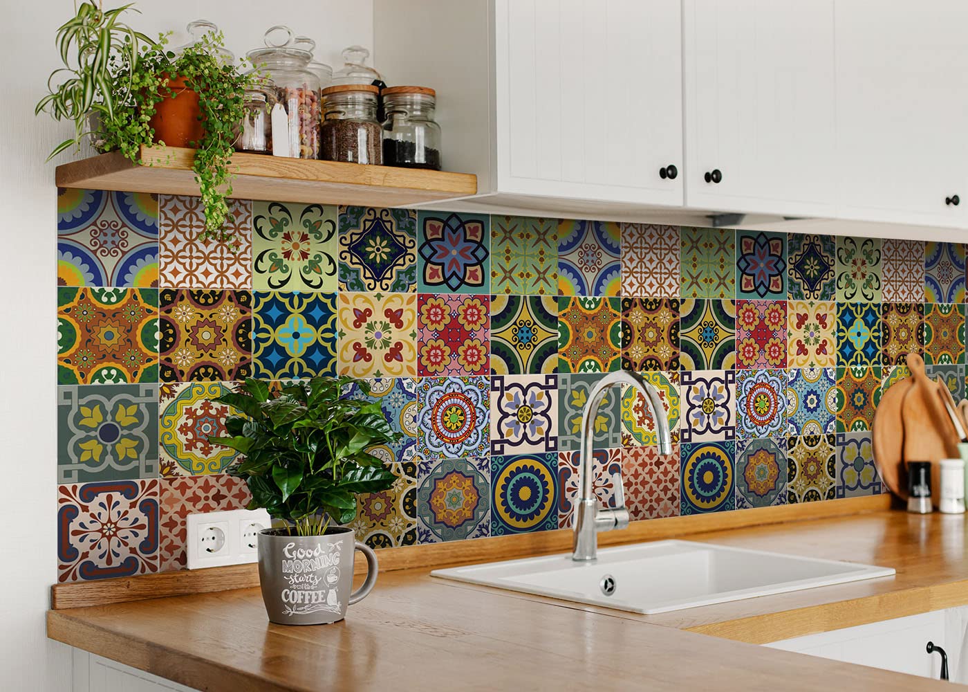 24-Piece Traditional Talavera Tile Stickers Set - Easy Peel & Stick Bathroom & Kitchen Tile Decals - 6x6 Inch Home Decor for Walls, Backsplash & Countertops (Kitchen Tiles Stickers C1) - Perfect for DIY Home Renovation, Apartment Upgrades & Rental Property Decor
