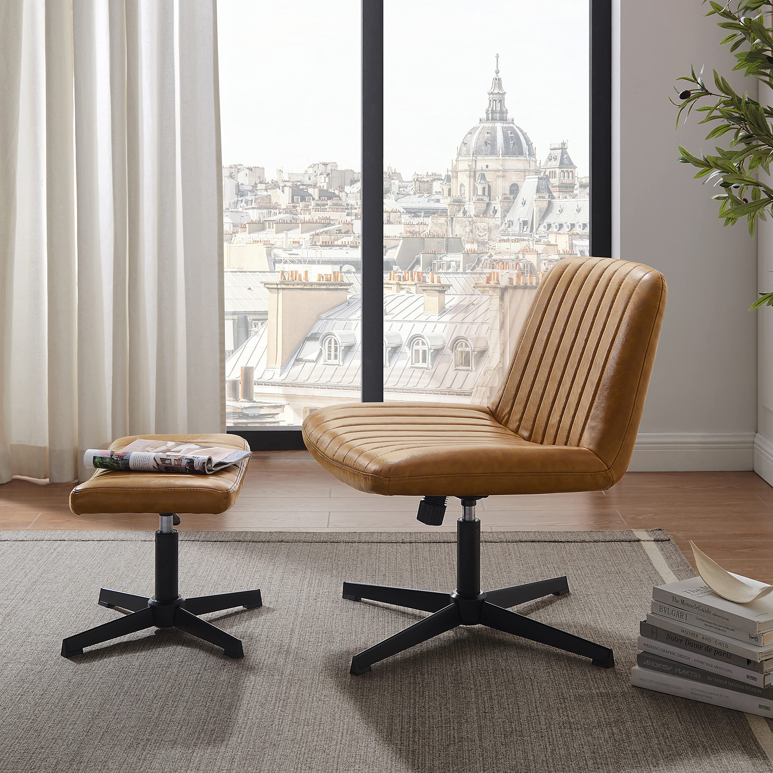 Zouron 360° Swivel Accent Chair with Ottoman - Adjustable Height PU Leather Modern Club Chair, Upholstered Leisure Chair with Black Metal Legs for Office, Bedroom & Living Room - Brown | Perfect for Home Office, Reading Nook & Lounge Areas