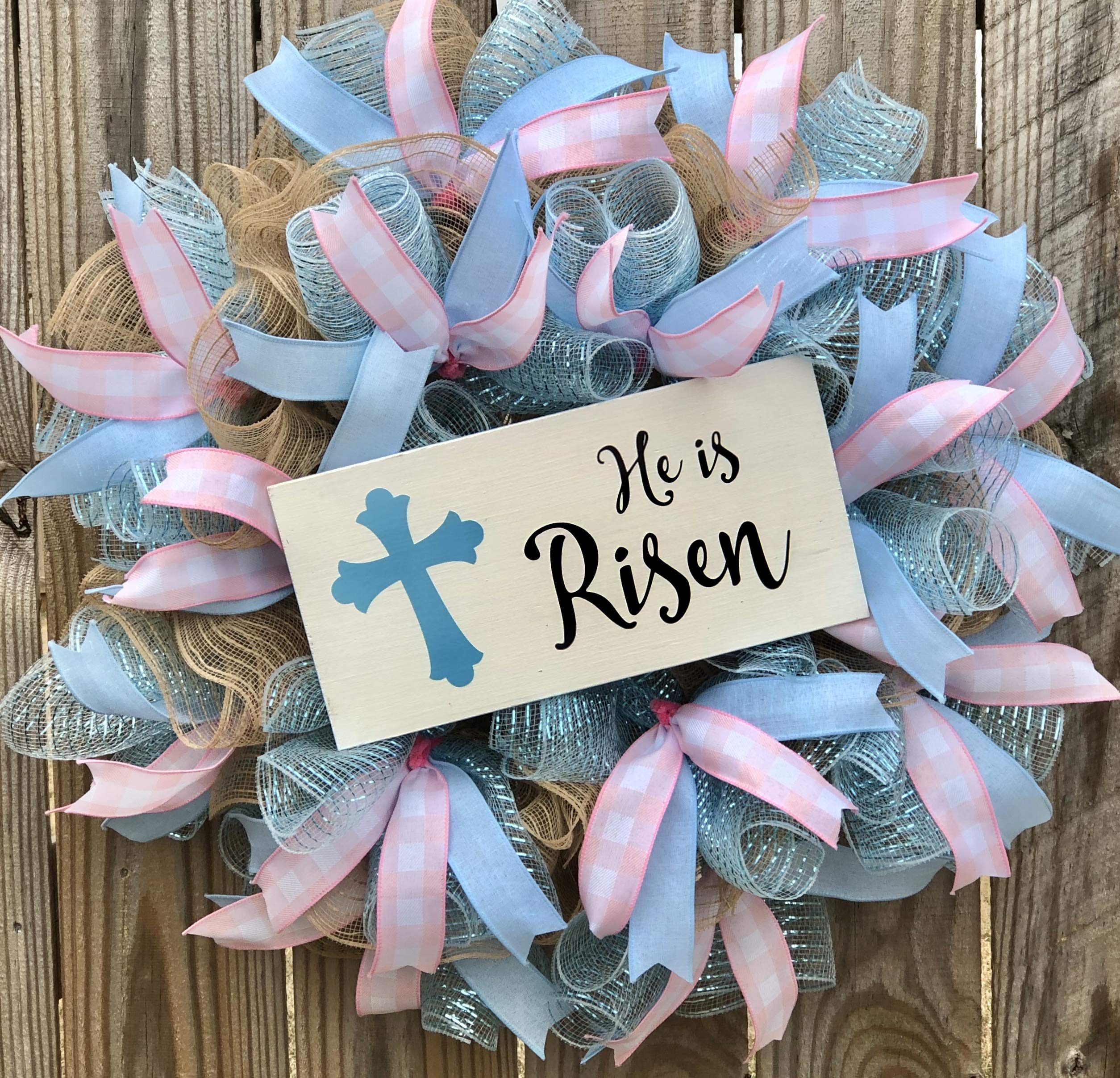 He is Risen Easter Wreath - Spring Door Hanger Decor with Burlap Bow - Wall Hanging for Front Door - FREE Shipping - Perfect for Easter Home Decor & Church Celebrations