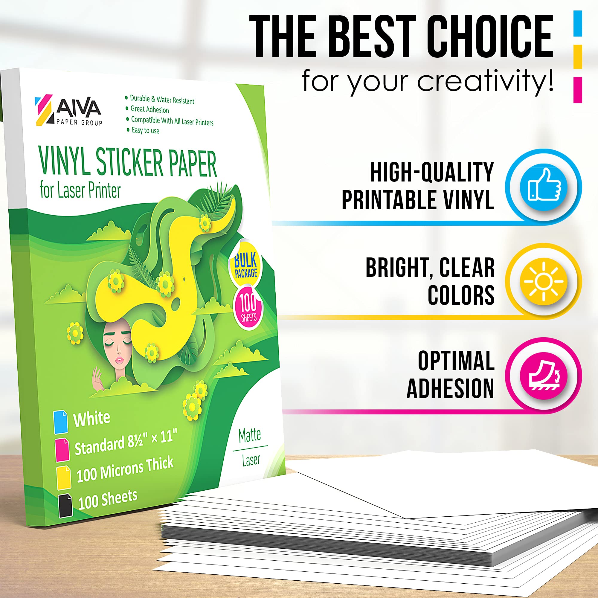 Laser Printer Printable Vinyl Sticker Paper - 100 Sheets Matte White Waterproof Self-Adhesive Decal Paper - 8.5