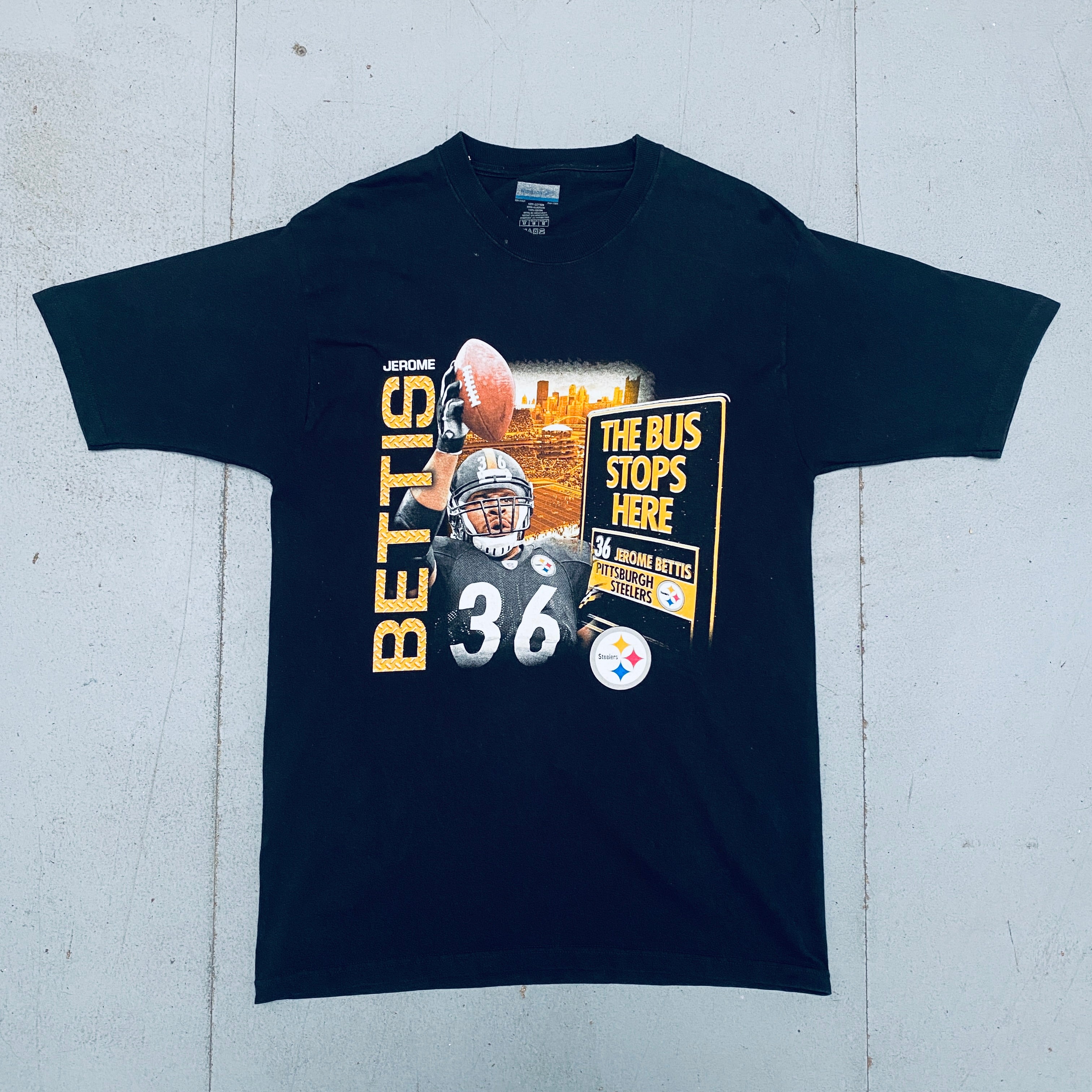 2005 Reebok Jerome Bettis 'The Bus Stops Here' Pittsburgh Steelers Graphic Tee - Men's M/L Size - Vintage NFL Football Fan Apparel for Game Day & Casual Wear
