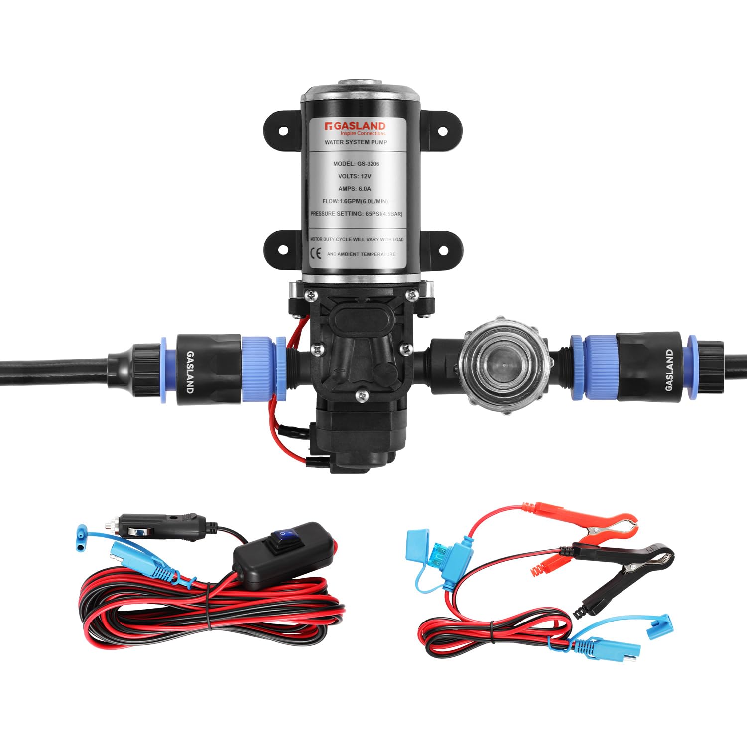 GASLAND 12V Water Pump Kit - 1.6 GPM Camper Water Pressure Pump with Pressure Switch, 65 PSI Self Priming Diaphragm Pump for RV, Boat, Marine, Kitchen, Bathroom & Hot Water Systems - Perfect for Off-Grid Camping, Boating & RV Living
