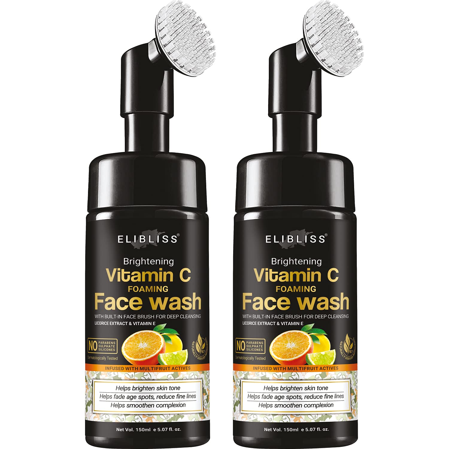 ELIBLISS Natural Vitamin C Foaming Face Wash for Acne-Prone & Oily Skin - Paraben, Sulfate & Silicone Free with Built-in Brush (Pack of 2) - Gentle Daily Cleanser for Clear, Glowing Skin - Perfect for Morning & Night Skincare Routine