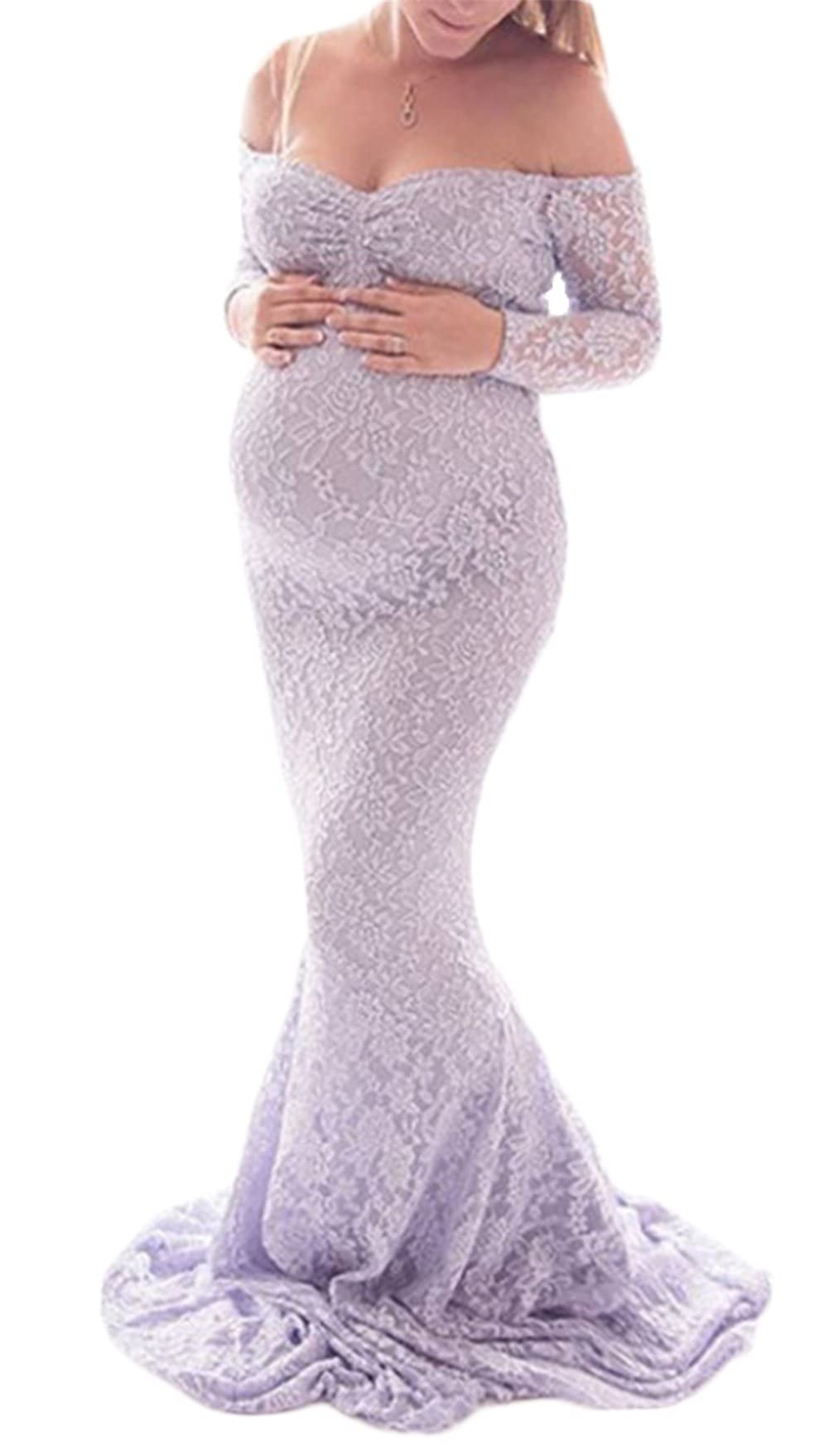 Elegant Maternity Lace Floral Gown - Off Shoulder Sexy Photoshoot Dress for Pregnancy Photoshoots & Baby Showers