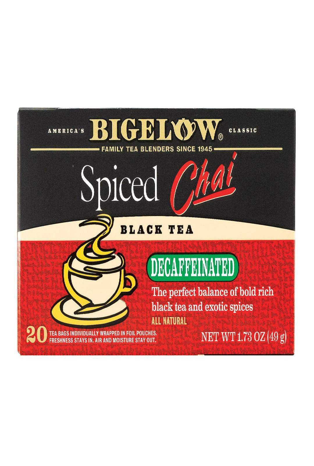 Bigelow Decaf Spiced Chai Tea Bags - 20 Count, Caffeine-Free Herbal Tea for Relaxation & Evening Comfort - Perfect for Stress Relief, Meditation & Cozy Nights