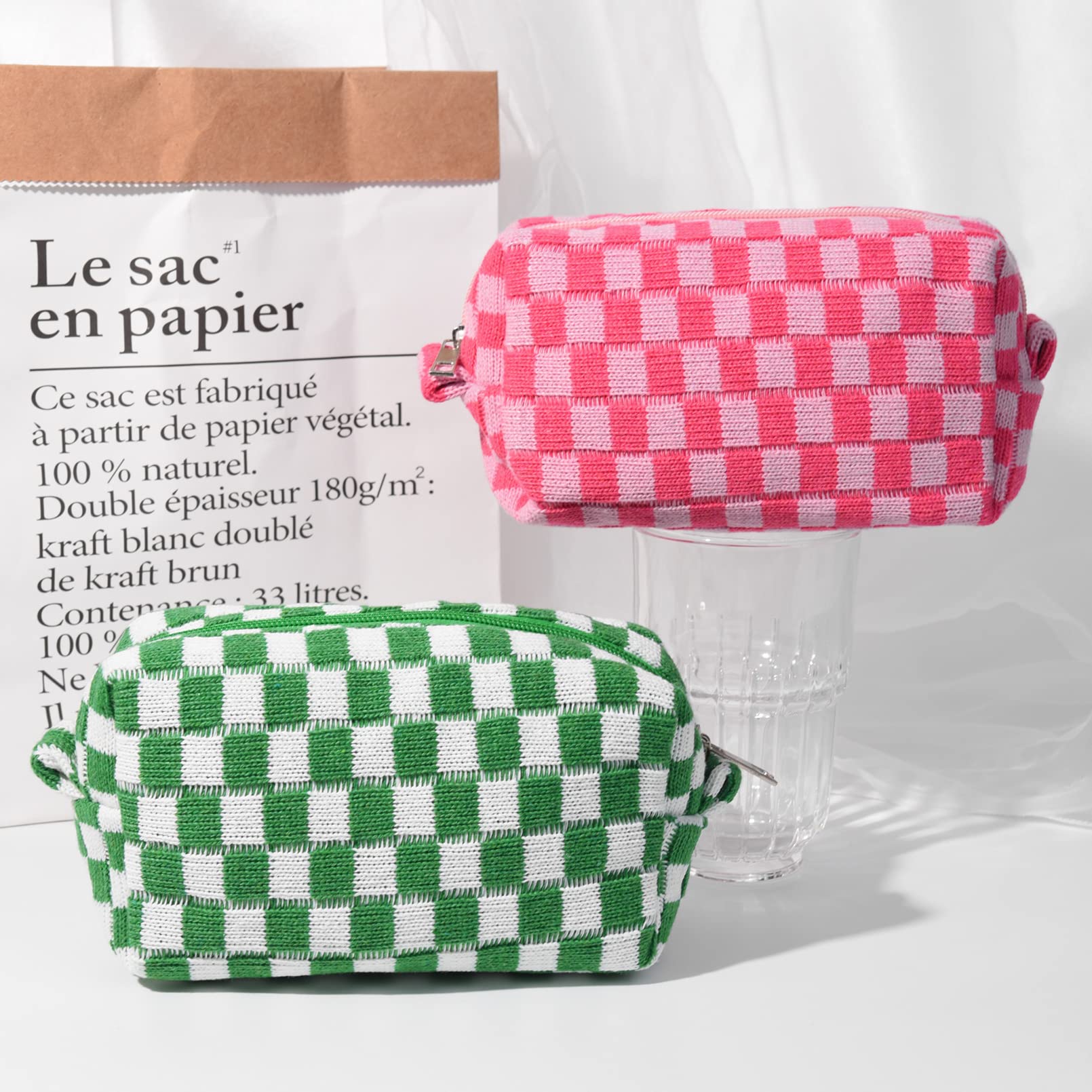 2 Pack Checkered Makeup Bags for Women - Pink & Green Cosmetic Organizer Pouch, Travel Toiletry Storage Bag for Brushes & Accessories | Perfect for Travel, Gym & Daily Beauty Routine