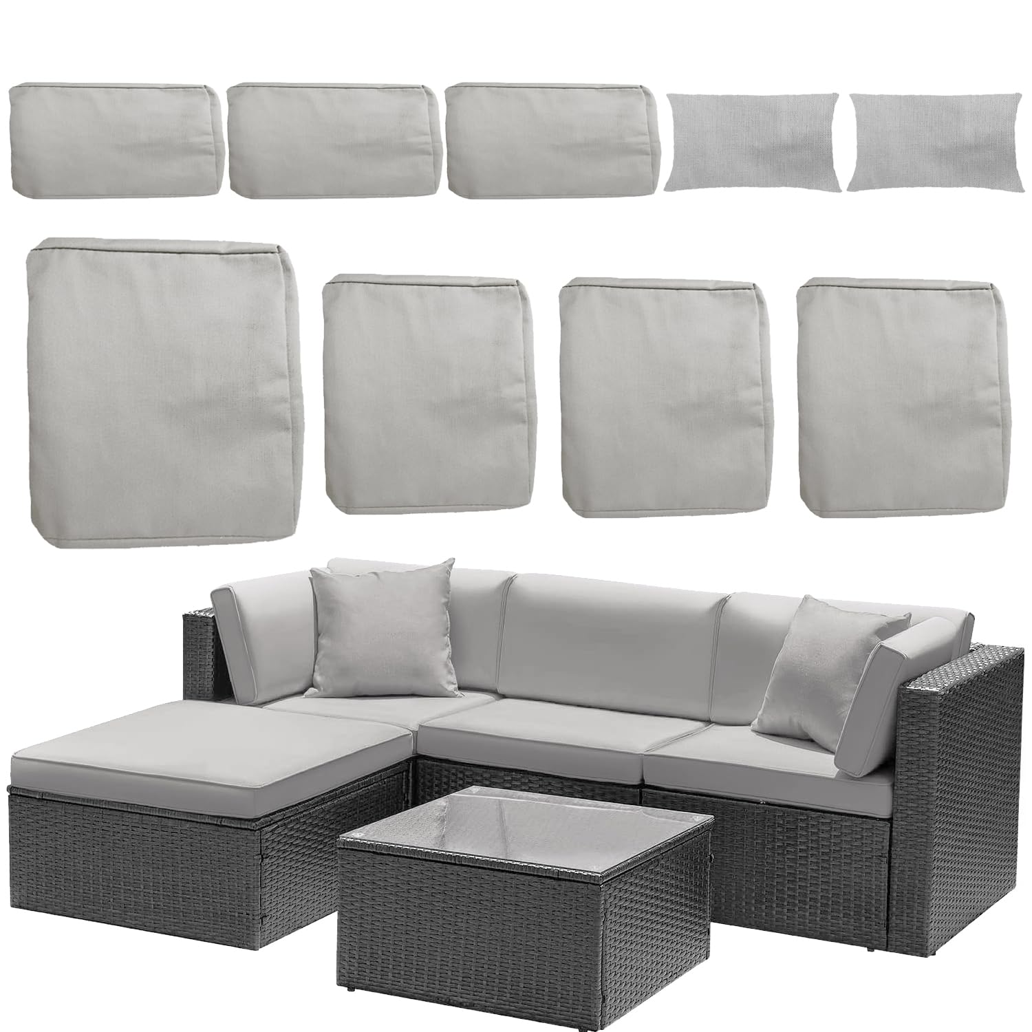 TECOSARA 5-Piece Patio Cushion Covers Set - Replacement Covers for Outdoor Sectional Rattan Sofa (9 Cushions Included) - Waterproof & UV Resistant - Grey - Perfect for Backyard, Poolside & Garden Furniture Protection
