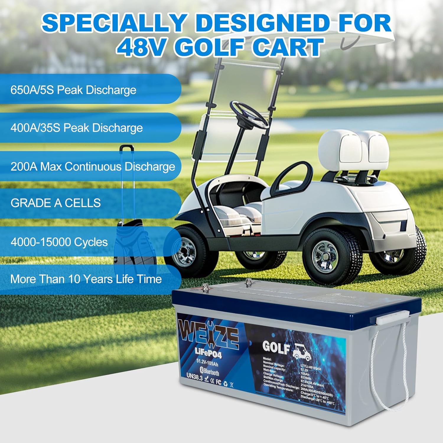 WEIZE 48V 105AH Bluetooth LiFePO4 Lithium Battery with 200A BMS | Low Temp Protection & 400A/35S Peak Discharge | Deep Cycle Battery for Golf Carts, Trolling Motors, Solar Systems, RVs & Off-Grid Power | Ideal for Marine, Camping & Emergency Backup Use