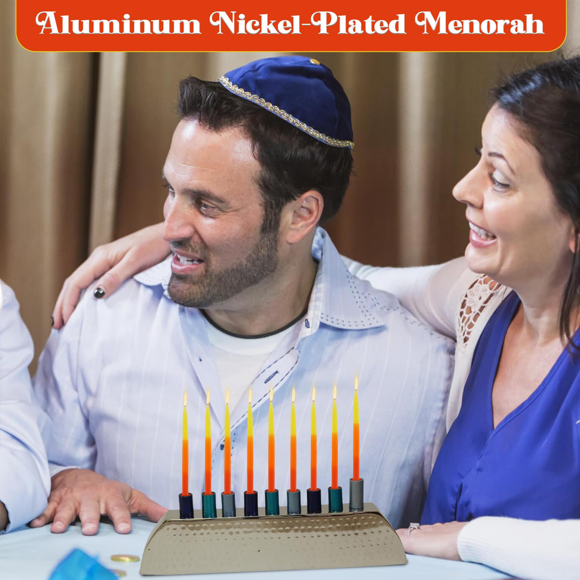 Majestic Giftware Aluminum Nickel-Plated Hanukkah Menorah with Gold Hammered Finish & Blue Cups (MN11128-BL) - 3