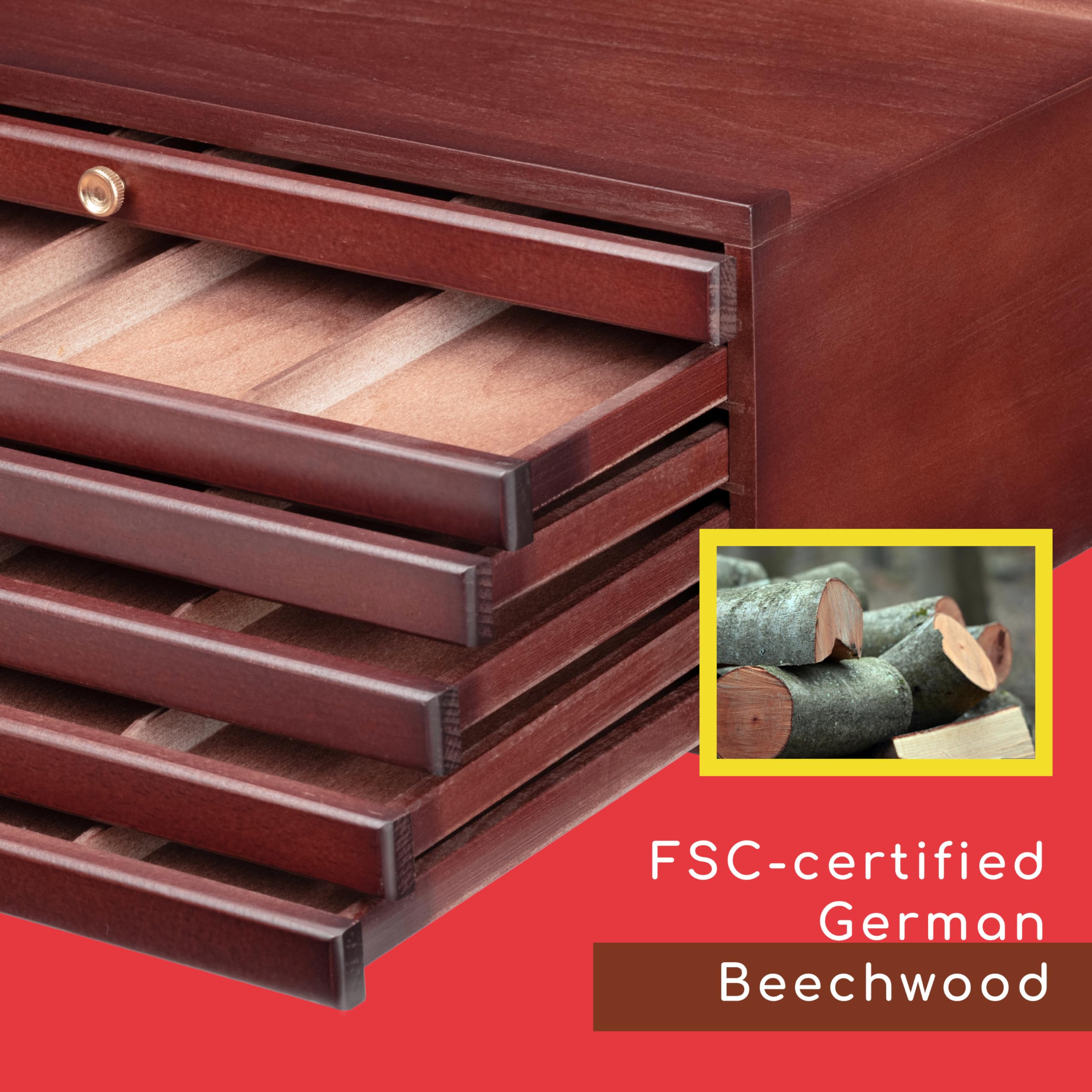 MEEDEN 10-Drawer Wooden Art Supply Organizer - Portable Beechwood Storage Box for Pencils, Brushes, Pastels & Makeup | Artist & Craft Storage Solution with Multiple Compartments (Mahogany) - Perfect for Studio, Classroom & Travel Art Kits