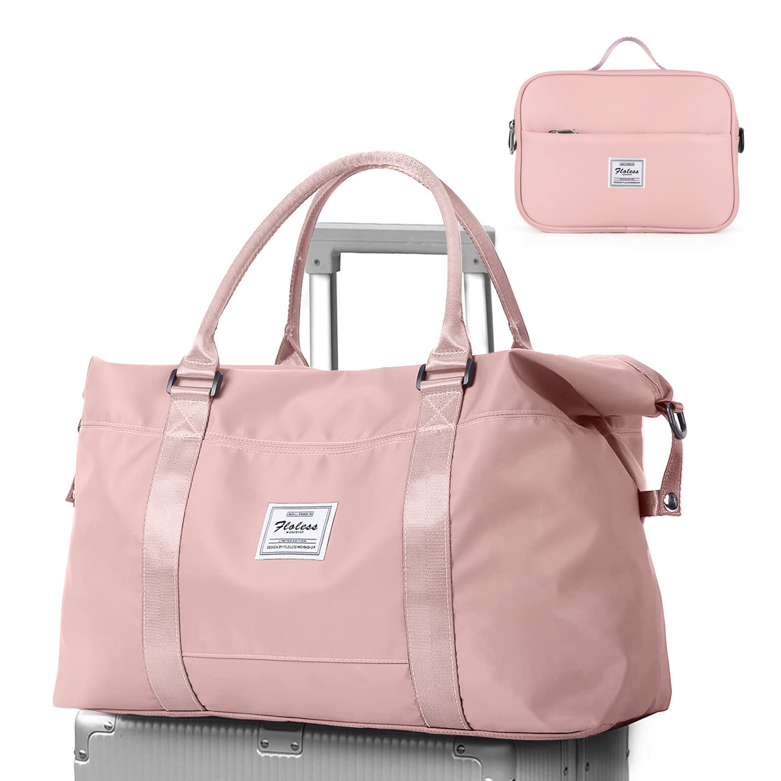 Waterproof Travel Duffel Bag for Women & Men - Sport Gym Tote with Wet Pocket & Trolley Sleeve - Lightweight Weekender Overnight Carry On Bag for Airplanes, Workouts & Weekend Getaways - Pink