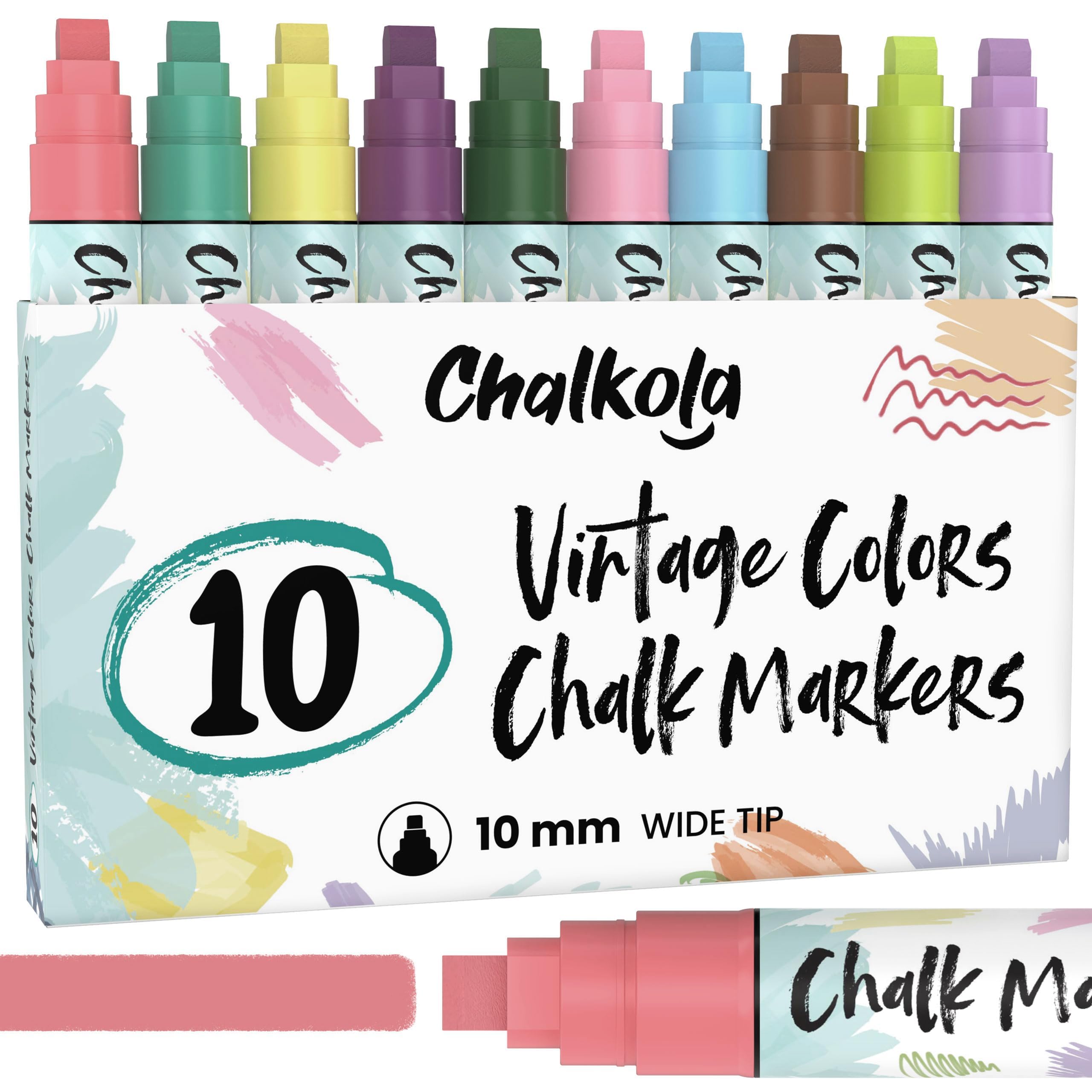 Chalkola 10mm Car Window Markers - 10 Vintage Color Liquid Chalk Pens with Wide Tip - Washable & Wet Erasable for Blackboard, Glass, Bistro, Auto Windows - Perfect for Car Decor, Restaurant Signs & Classroom Teaching