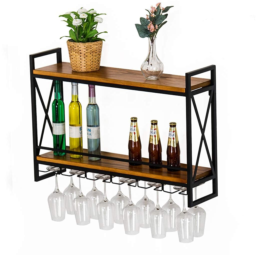 Vintage Wall-Mounted Wine Rack - 2-Tier Metal & Wood Floating Shelf for Wine Bottles & Glasses (80x20x55cm) - Perfect for Bar, Kitchen, Dining Room & Home Decor