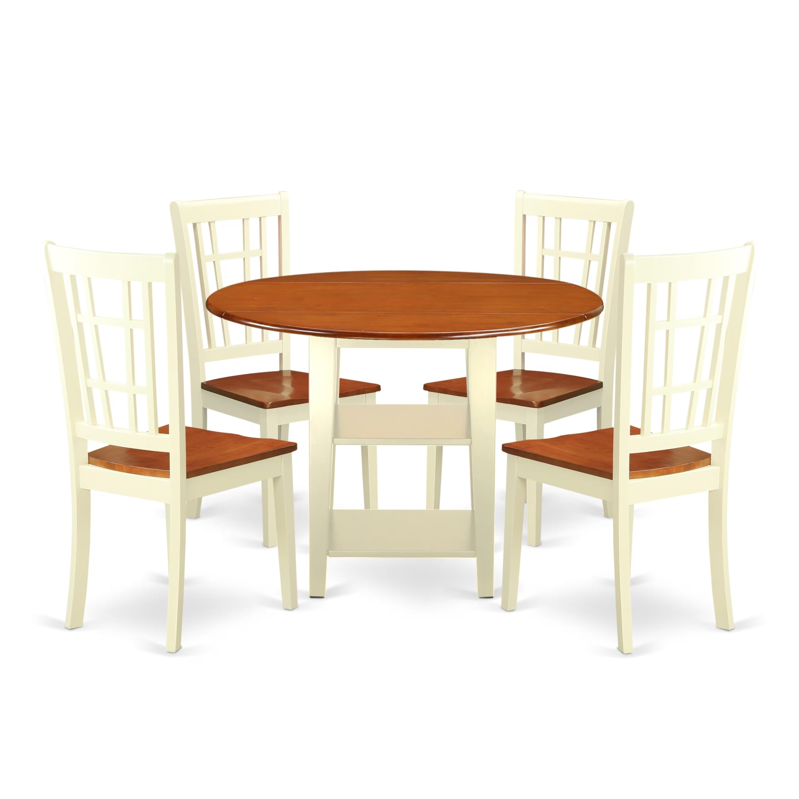 East West Furniture SUNI5-BMK-W 5-Piece Modern Dining Set - Round Wooden Drop-Leaf Table with Shelves & 4 Chairs, 42x42 Inch, Buttermilk & Cherry - Perfect for Small Spaces, Breakfast Nooks & Cozy Dining Rooms