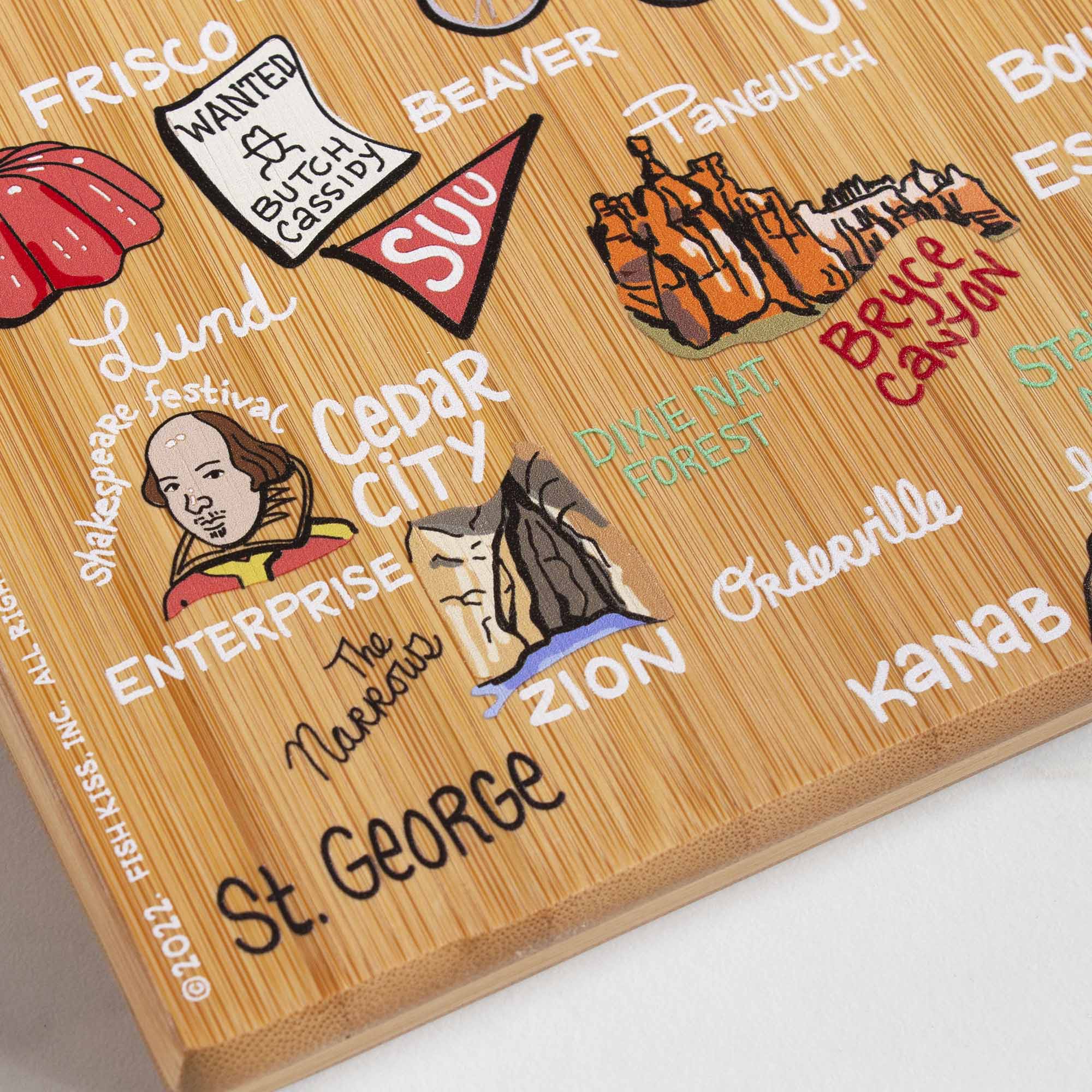 Premium Utah-Themed Wooden Cutting Board with Fish Kiss™ Artwork - Durable Kitchen Essential for Chopping, Serving & Home Decor