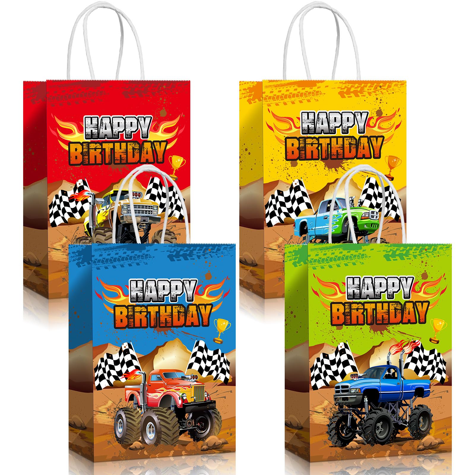 Monster Truck Party Favor Bags - 16 Pcs Racing Truck Themed Paper Gift Bags for Candy & Treats | Perfect for Kids Birthday Parties, Goodie Bags & Themed Events