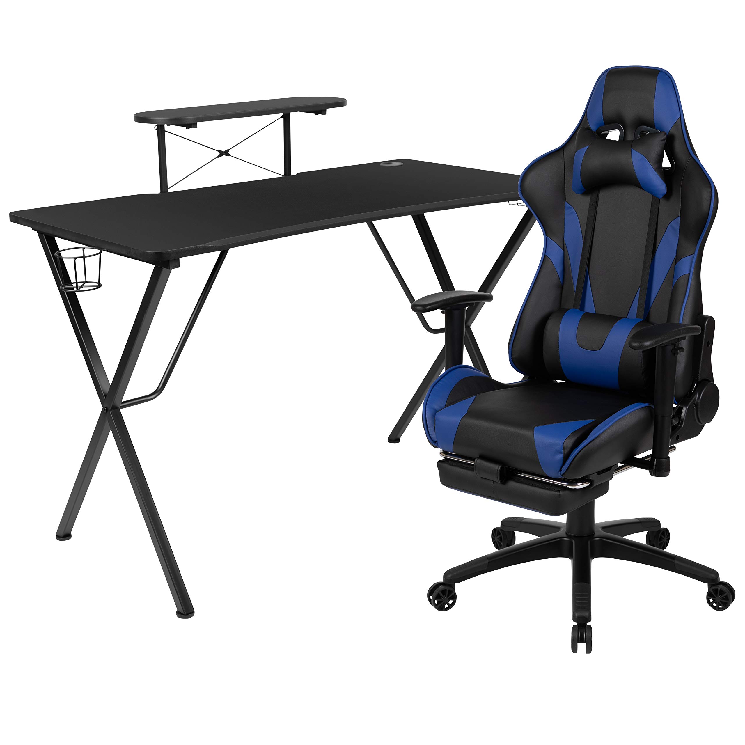 Flash Furniture Optis Black Gaming Desk with Cup Holder, Headphone Hook, Monitor & Smartphone Stand - Blue Reclining Gaming Chair with Footrest - Perfect for Esports, Streaming & Home Office Setup