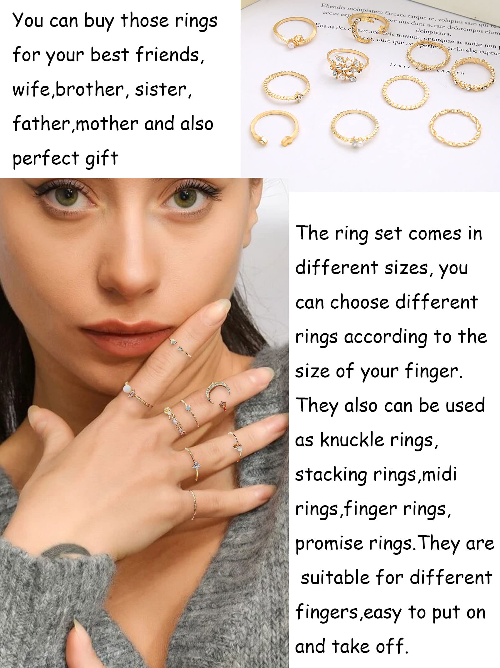 Stackable Gold Rings for Women - Trendy Star, Moon & Heart Knuckle Ring Set - Boho Jewelry Gift Pack - Birthday, Easter Basket Essentials - Perfect for Layering & Everyday Wear