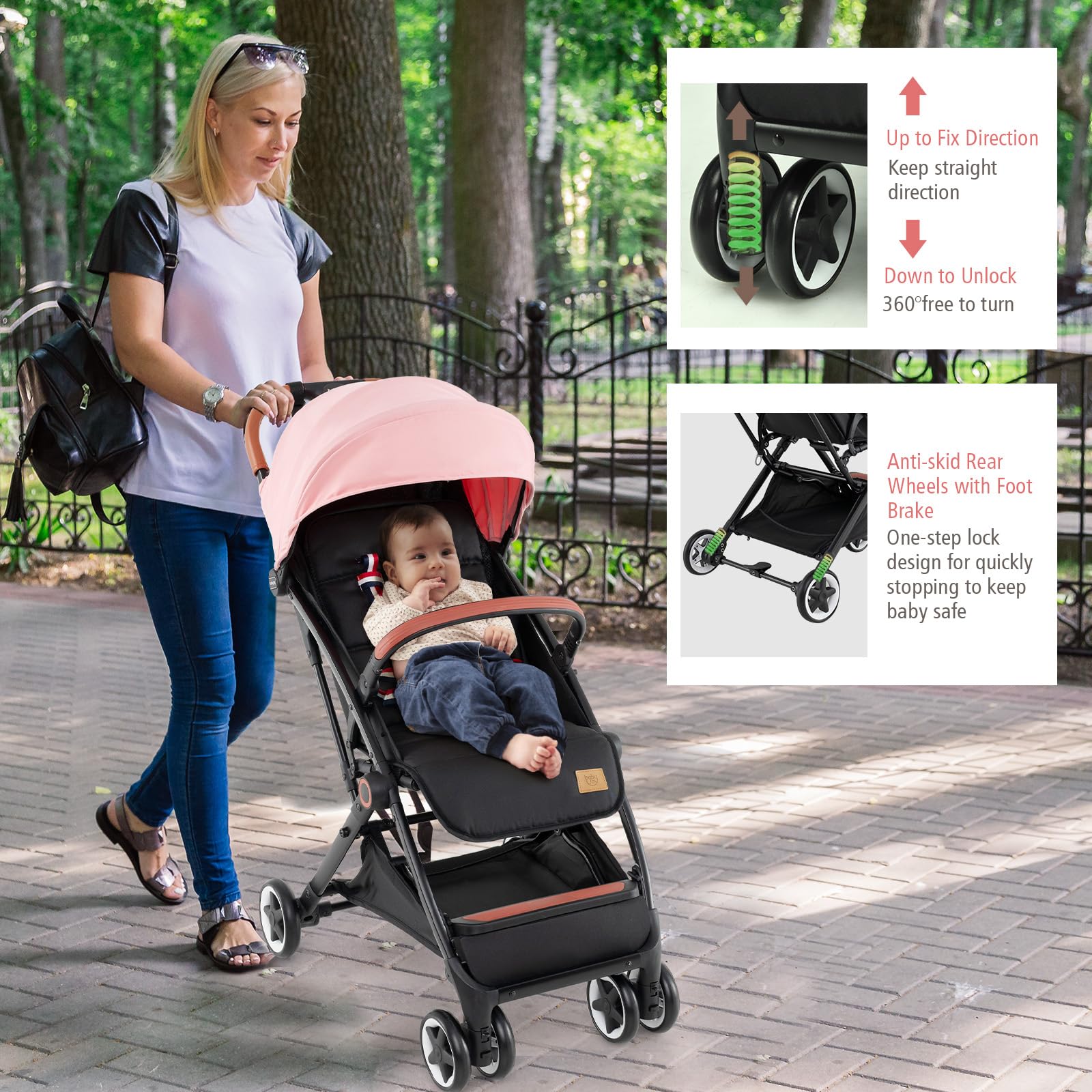 BABY JOY Lightweight Compact Baby Stroller for Travel - Airplane Approved Infant Stroller with 5-Point Safety Harness, Adjustable Backrest & Canopy, Large Storage Basket - Easy One-Hand Fold (Pink) | Perfect for Air Travel, Shopping, and Everyday Walks with Your Toddler
