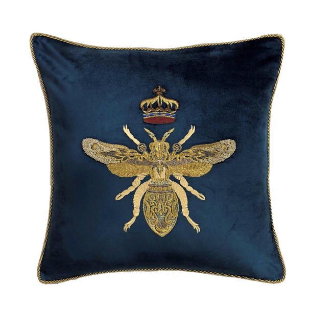 Premium Navy Blue Hand Embroidered Feather Cushion by Regal Bee - Perfect for Sofa, Bed & Home Decor