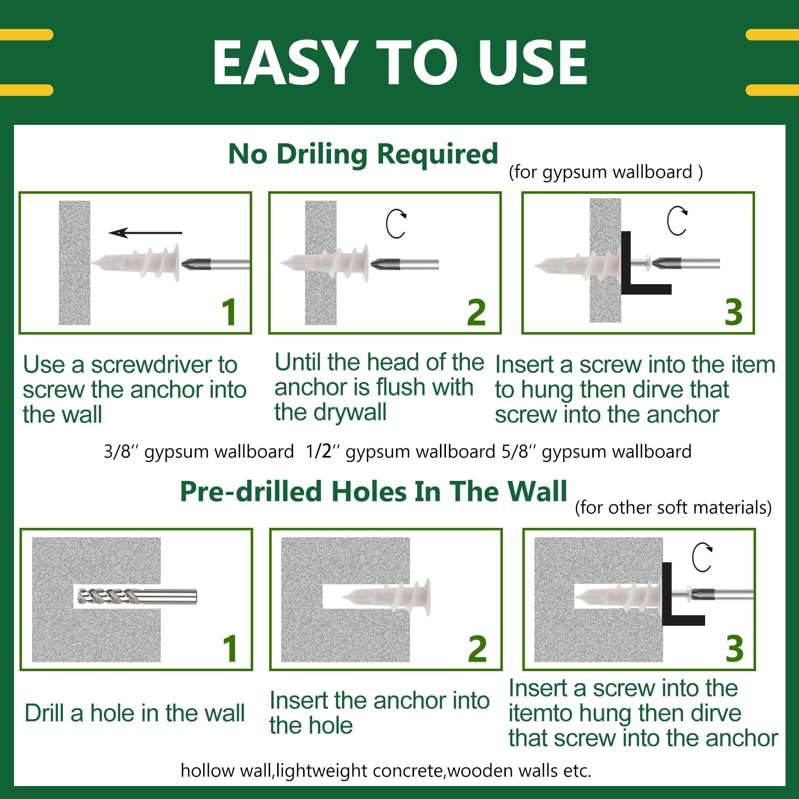 120PCS Self Drilling Drywall Anchors and Screws Kit - 60 Zinc Alloy Wall Anchors with 60 #8 x 1-1/4