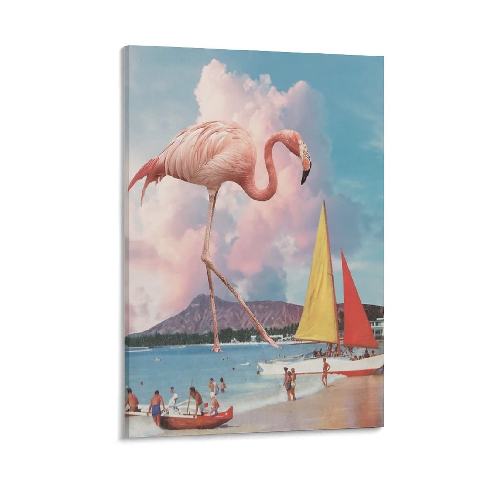 HUANYUAN Pink Flamingo Beach Wall Art - 08x12inch (20x30cm) Framed/Unframed Canvas Painting Poster - Tropical Home Decor, Bathroom & Bedroom Wall Decor - Perfect Gift for Beach House & Coastal Theme Rooms