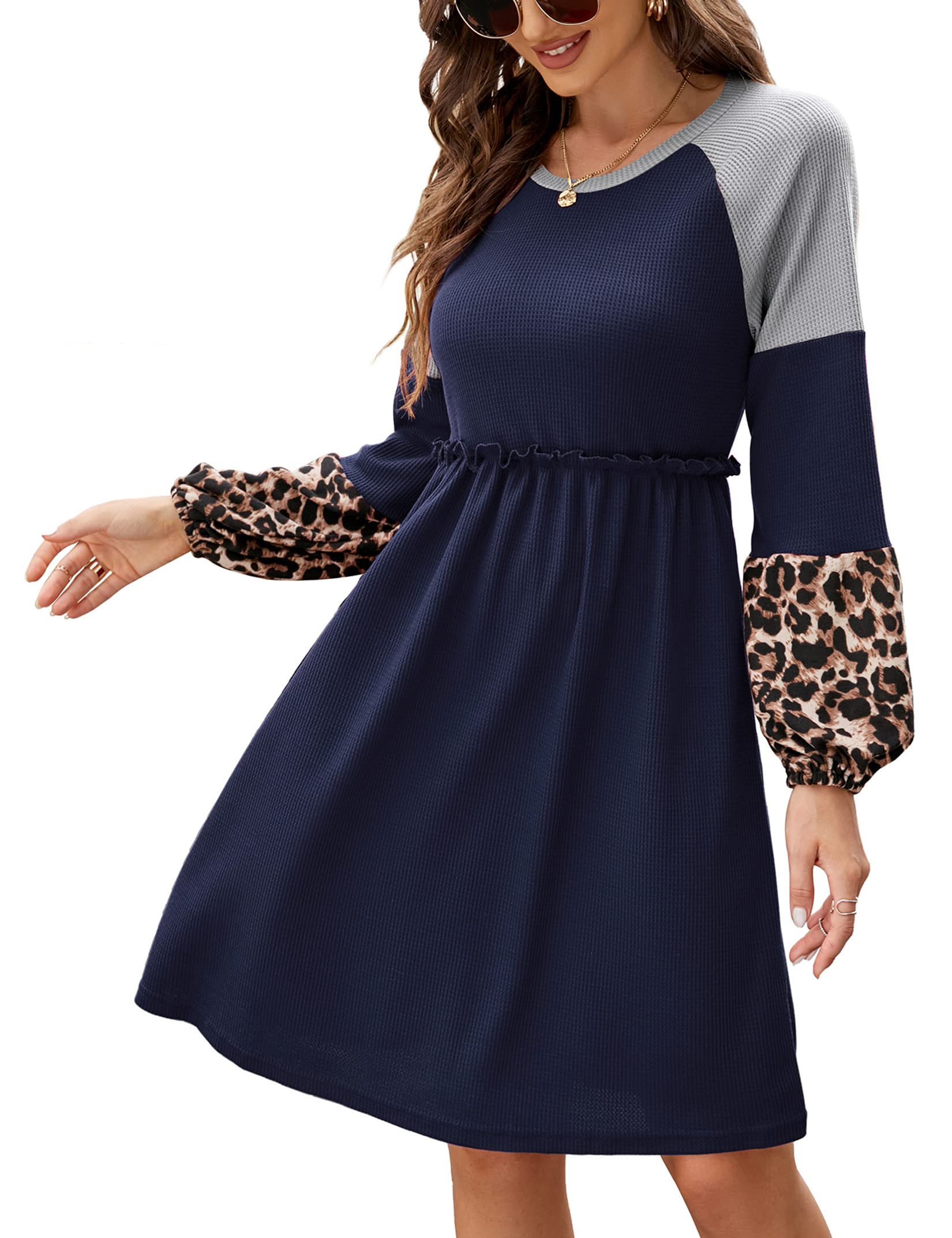 MISSKY Women's Leopard Print Color Block Mini Dress - Long Sleeve Casual Waffle Knit Round Neck Smocked Dress for Party, Date Night & Fall Fashion