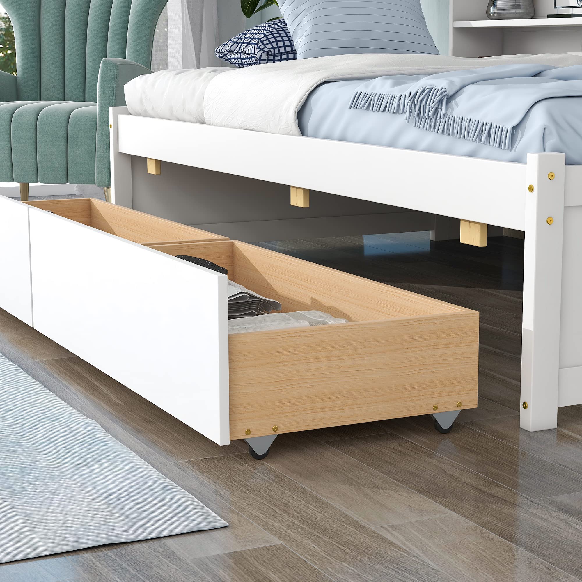 Stylish Solid Wood Platform Bed with Built-in Bookcase & 2 Storage Drawers - Twin Size, White/Pine Finish - Perfect for Small Bedrooms, Studio Apartments & Space-Saving Solutions