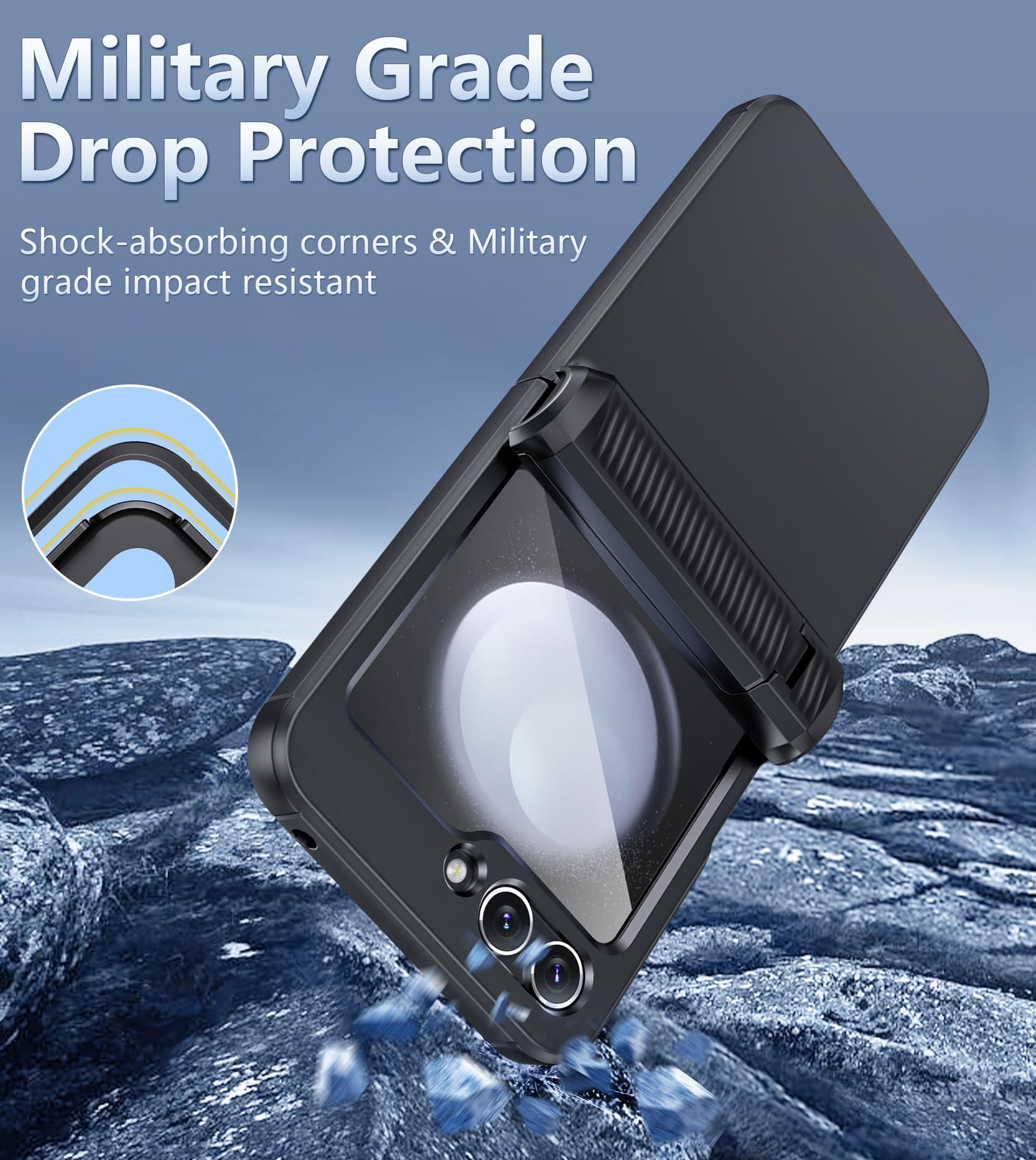 FNTCASE for Samsung Galaxy Z Flip 5 Case - Rugged Shockproof Protective Cover with Kickstand & Hinge Protection | Slim Full Body Drop Protection | Compatible with Samsung Z Flip 5 5G (2023) | Perfect for Outdoor Activities, Travel & Daily Use - Black