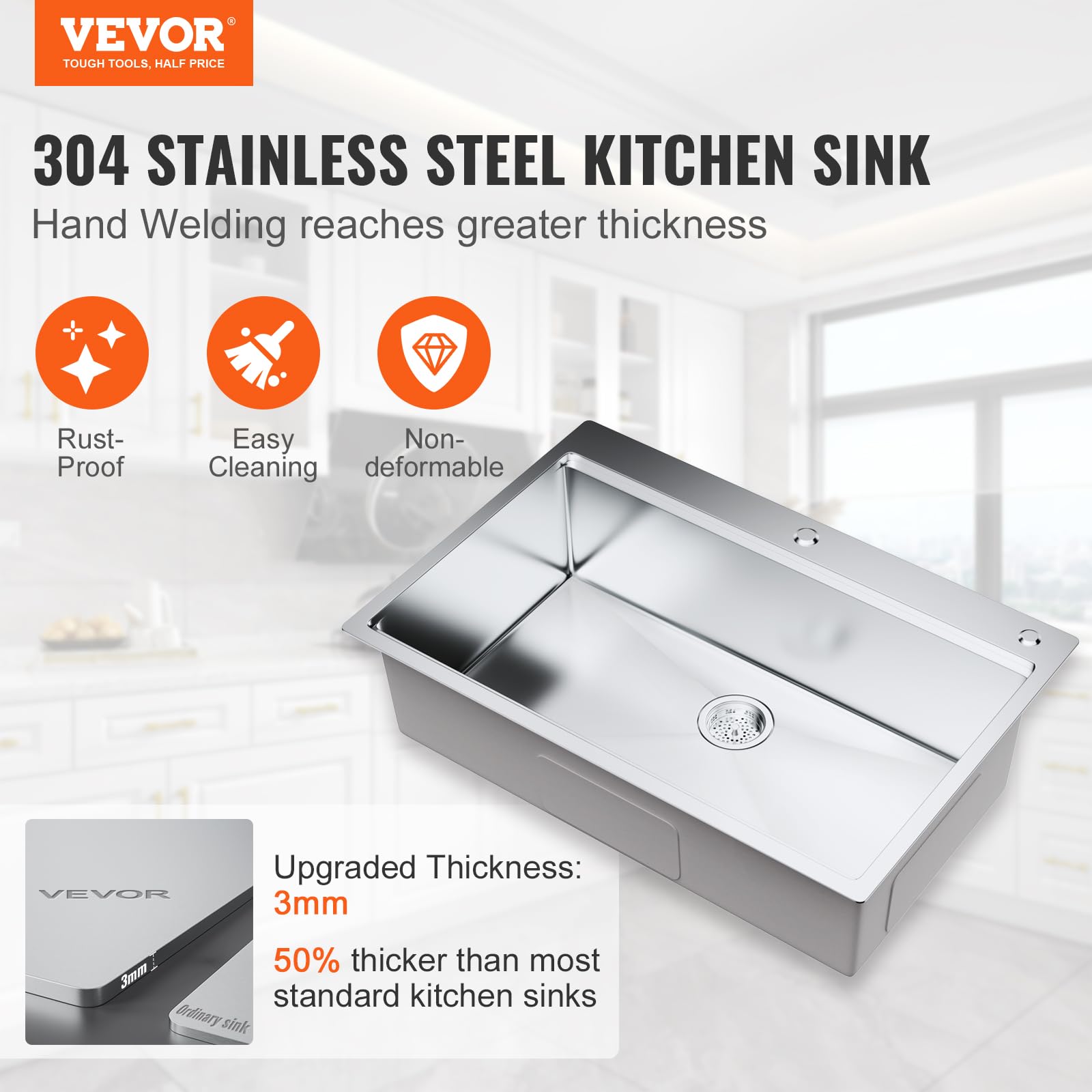 VEVOR 33 Inch 304 Stainless Steel Drop-In Kitchen Sink - Single Bowl Top Mount Sink with Drainboard & Accessories - Perfect for Home Kitchen, RV, Bar Prep & Dishwashing Station - Durable Workstation Sink for Commercial & Residential Use