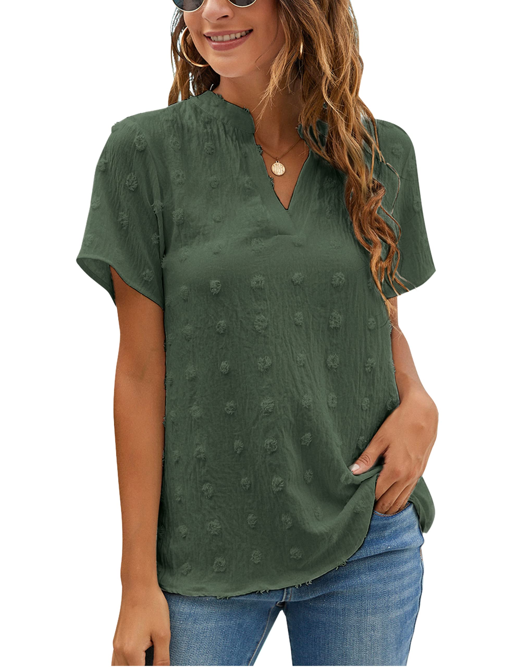 Women's White Chiffon Blouse - Short Sleeve V-Neck Summer Top with Polka Dot Pattern | Casual Office Wear & Beach Cover-Up