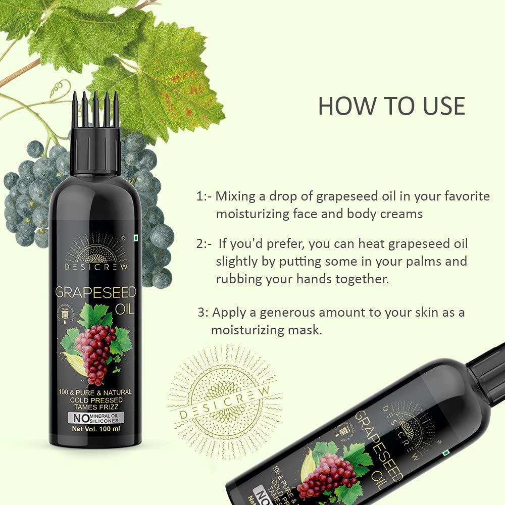 Pure Cold Pressed Grapeseed Oil with Comb Applicator - 100ml - Natural Hair Growth Treatment for Scalp & Skin Care - Promotes Healthy Hair, Nails & Glowing Skin - Perfect for DIY Beauty & Massage Therapy
