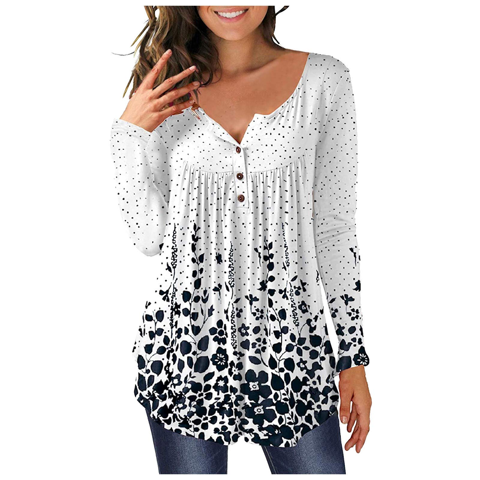 Stylish Women's Casual Printed Button-Down Long Sleeve Asymmetric Hem Tunic Blouse - Fashion Round Neck Top for Everyday Wear, Office & Date Night Outfits