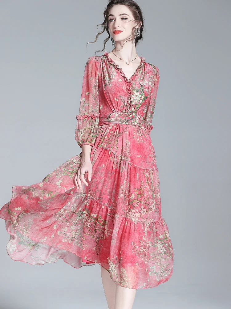 EVNISI Women's Boho Chiffon Summer Dress - V-Neck Floral Print A-Line Red Elegant Office Dress for Women | Perfect for Parties, Weddings & Summer Outings