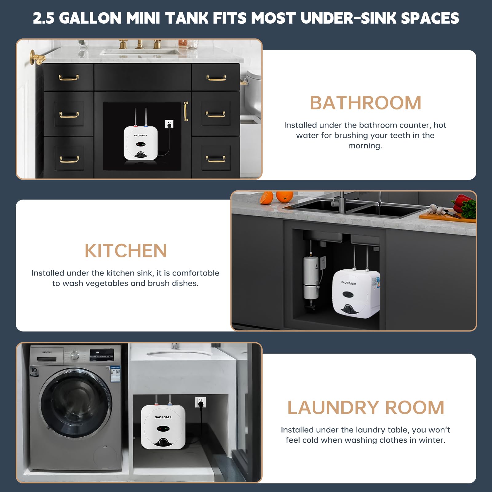 1.5kW Mini Tank Electric Water Heater - 2.5 Gallon Compact Under Sink Water Heater with Knob Temperature Control - 110/120V Instant Hot Water for Home Kitchen - Perfect for Small Spaces, RVs & Office Break Rooms (White)