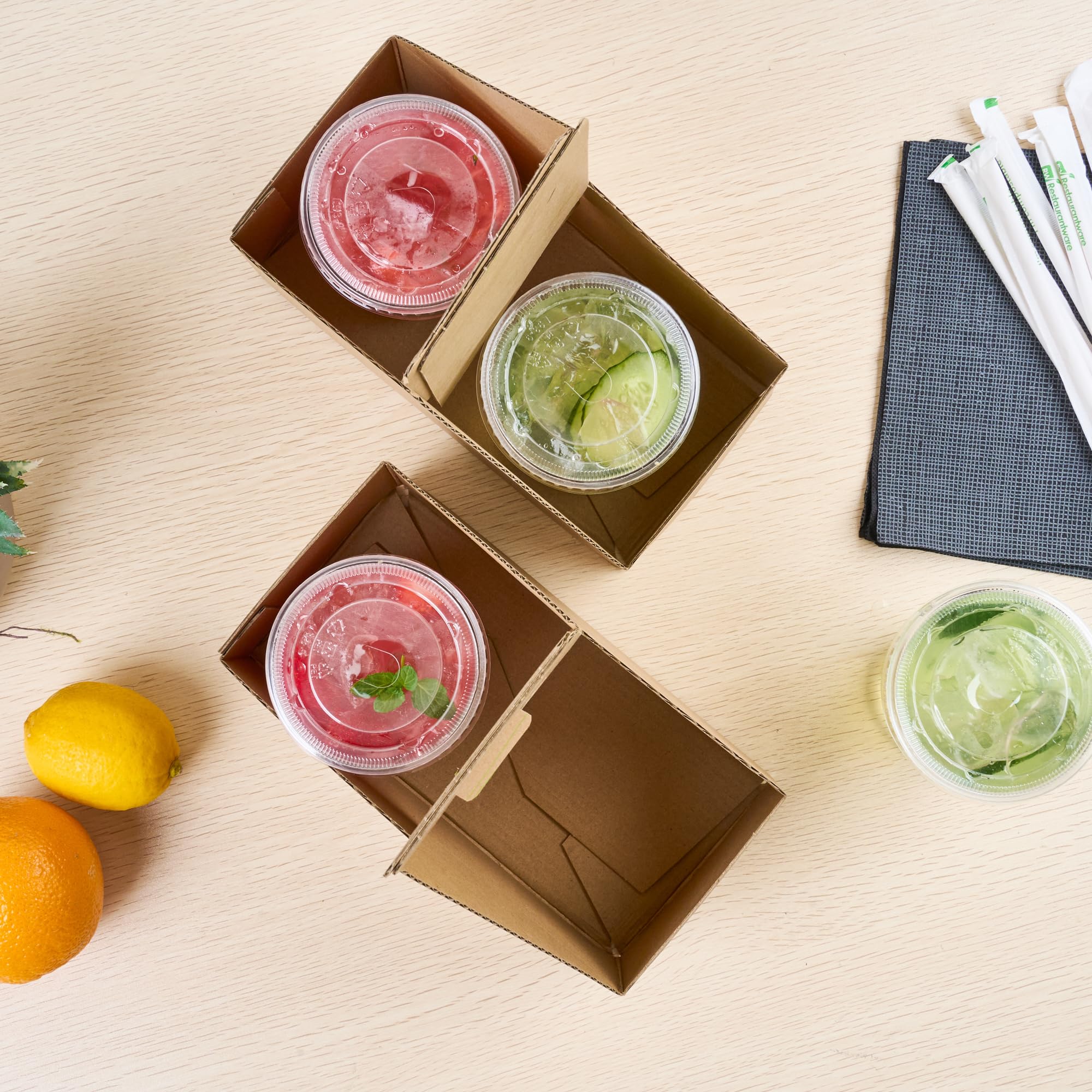 Restaurantware Cater Tek 100-Pack Disposable Cup Carriers with Handles - Kraft & Green Paper Drink Holders for 2 Cups, Perfect for Delivery, Takeout, Coffee Shops, and Beverage Businesses