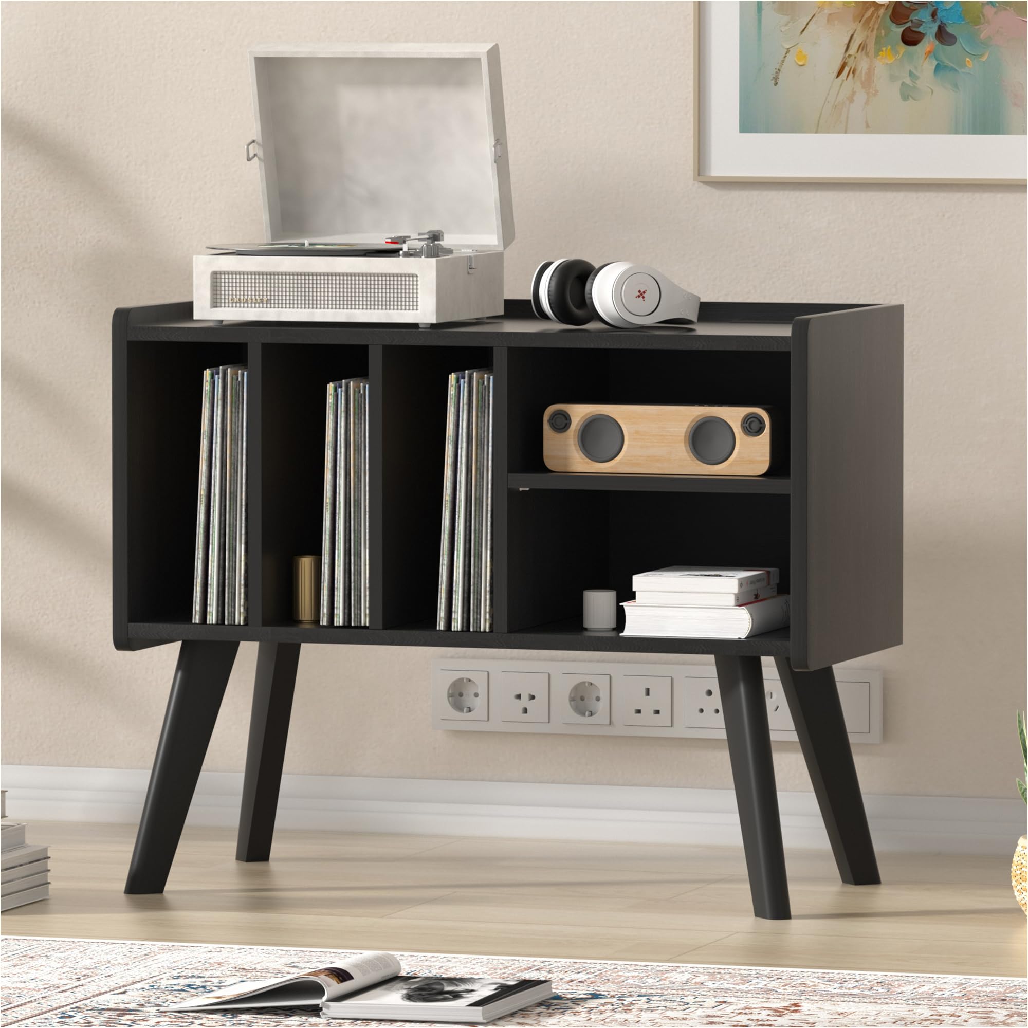 Forevich Large Vinyl Record Player Stand with Storage Cabinet - Holds 220+ Albums, Wooden Legs & Built-in Power Outlet - Turntable Shelf for Living Room, Home Theater & Music Studio (Black)
