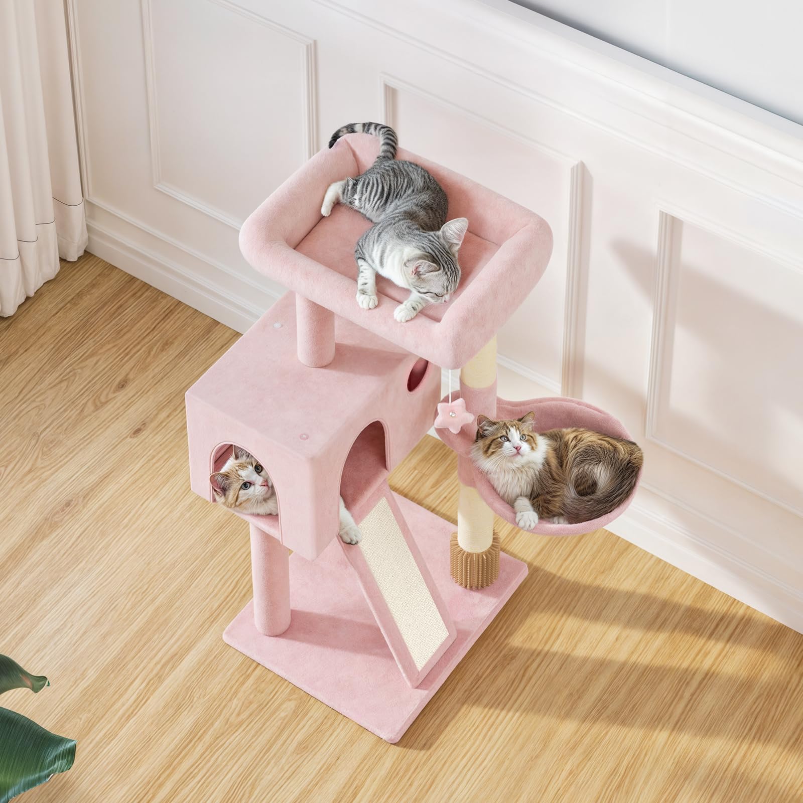 MoNiBloom 36 Inch Cat Tree Tower with Condo, Scratching Post & Sisal Board - Multi-Level Cat Climbing Furniture with Hammock for Indoor Cats (Soft Pink) - Perfect for Small Spaces, Apartments & Playful Kittens