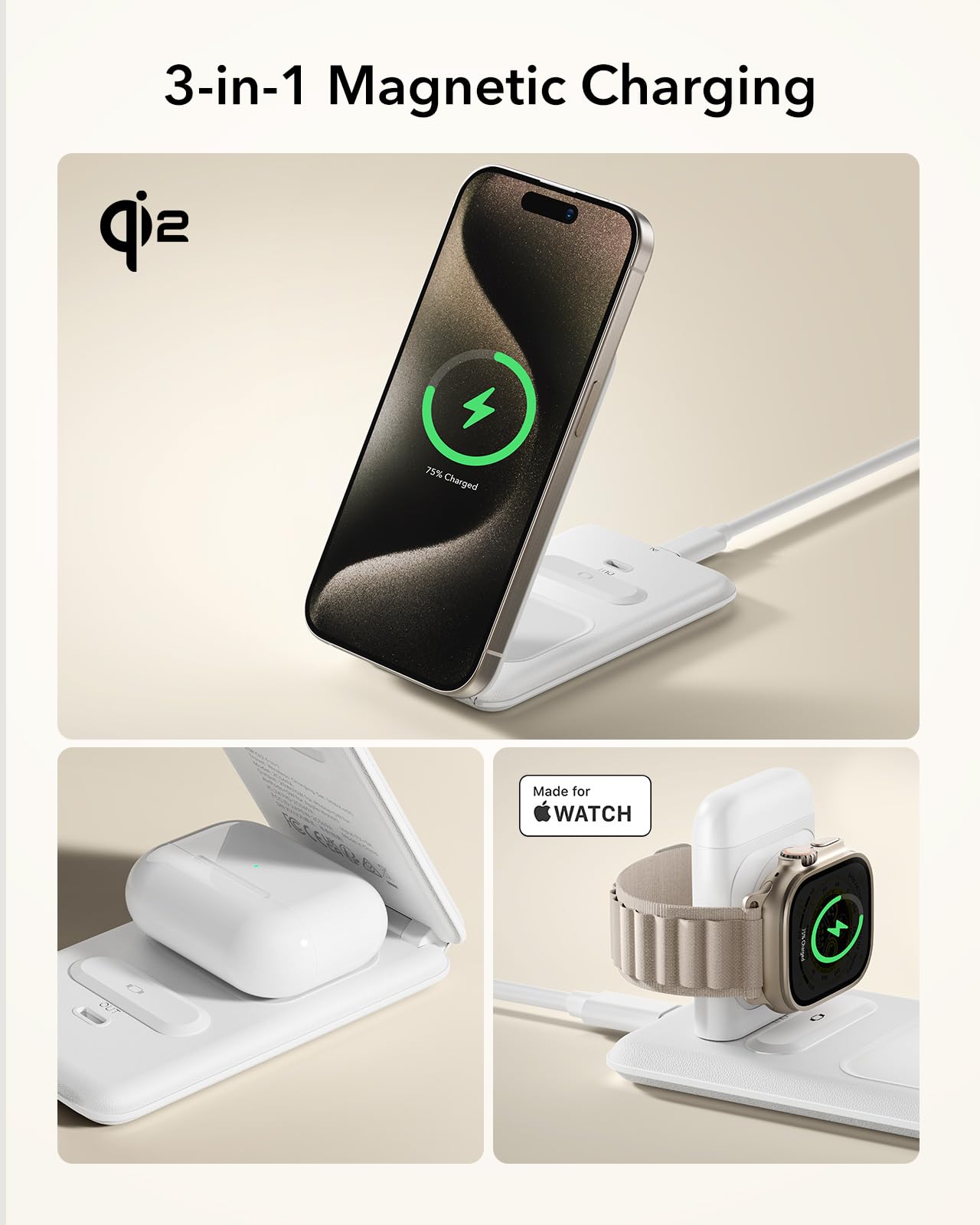 ESR Qi2 Certified 3-in-1 Wireless Charging Station for iPhone 16/15/14/13/12, Apple Watch & AirPods 4/3/2 - Adjustable 2-Way Magsafe Charger Stand (White) | Perfect for Travel, Office & Nightstand Charging