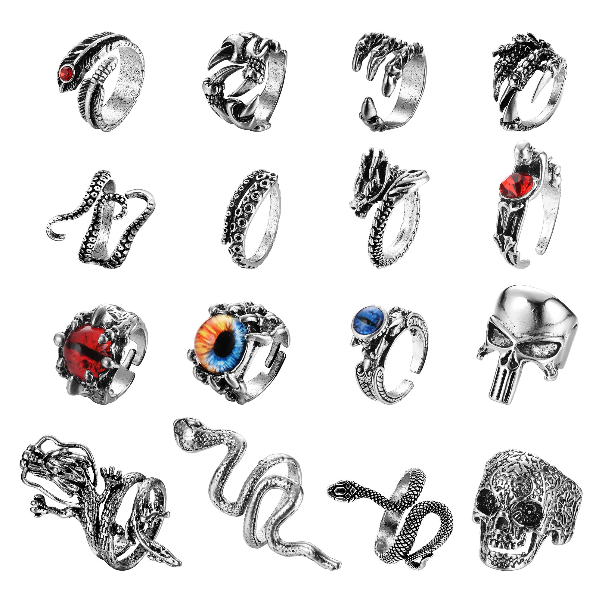Vintage Punk Rings Set for Men & Women - 8-16Pcs Gothic Octopus, Dragon Claw, Snake, Wolf & Skull Adjustable Rings - Punk Jewelry for Halloween, Cosplay & Alternative Fashion