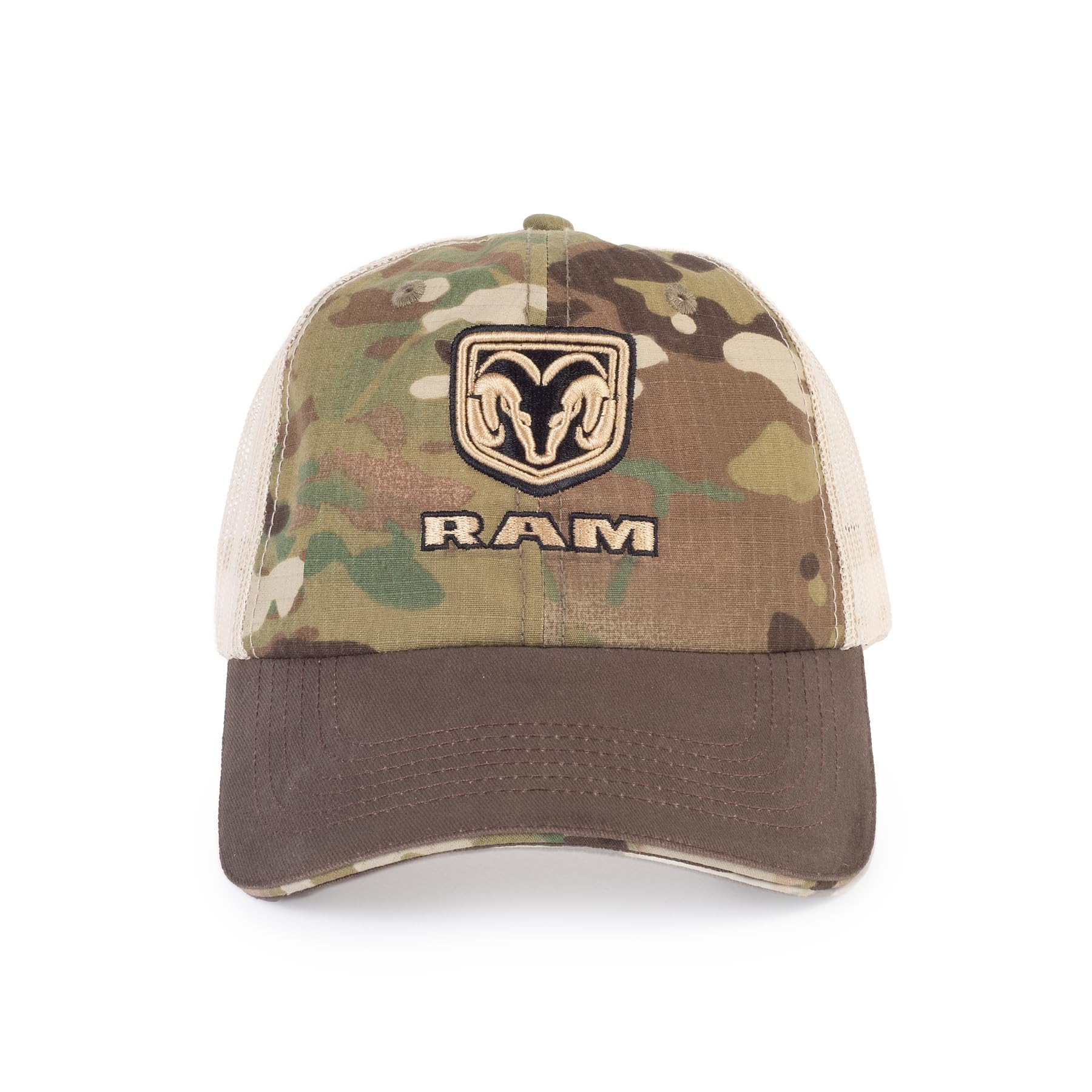 RAM Trucks Logo Shield Camo Trucker Hat - Structured 6-Panel Cap, One Size - Perfect for Outdoor Adventures, Camping, and Casual Wear