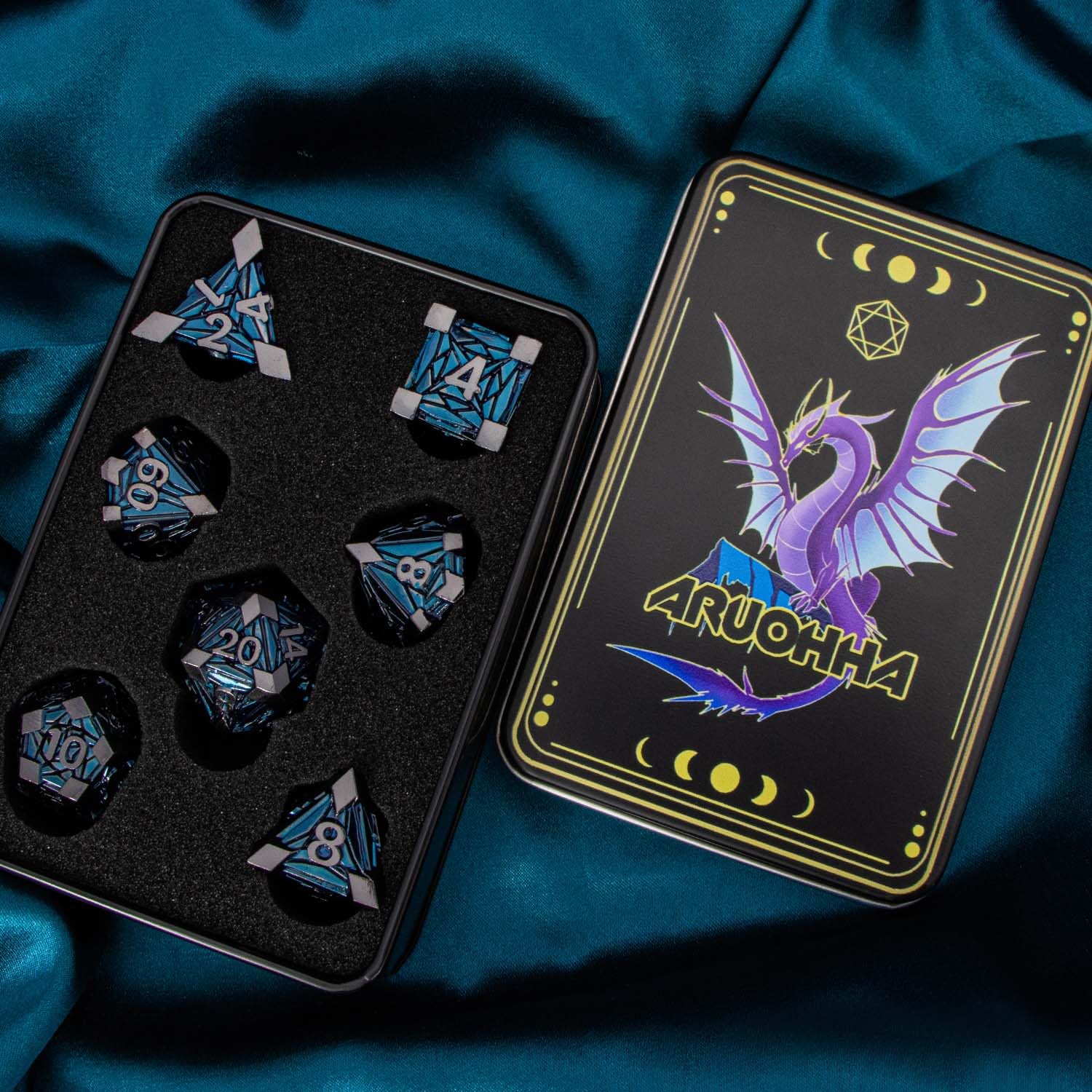Premium ARUOHHA DND Metal Dice Set - 7-Piece Polyhedral RPG Dice (D20, D12, D10, D8, D6, D4) with Gift Box - Black & Blue Dungeons & Dragons Accessories for Tabletop Gaming, D&D Campaigns & Role Playing Adventures
