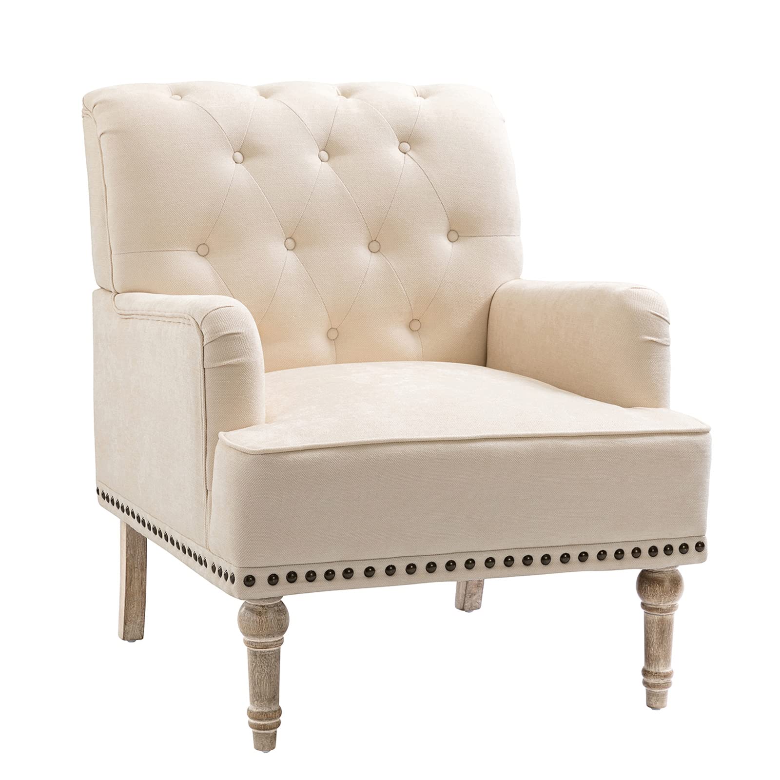 Mid Century Modern Accent Chair - Button Tufted Upholstered Armchair with Solid Wood Legs, Club Lounge Chair for Living Room, Bedroom, Office (Beige) | Perfect for Reading Nook, Cozy Corner & Home Decor