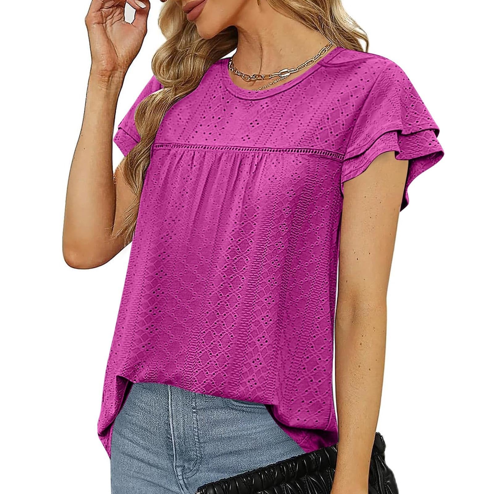 Women's Summer Eyelet Tops - Trendy Flowy Crewneck Shirts with Ruffle Sleeves - Loose Comfortable Blouses for Beach, Vacation & Casual Wear
