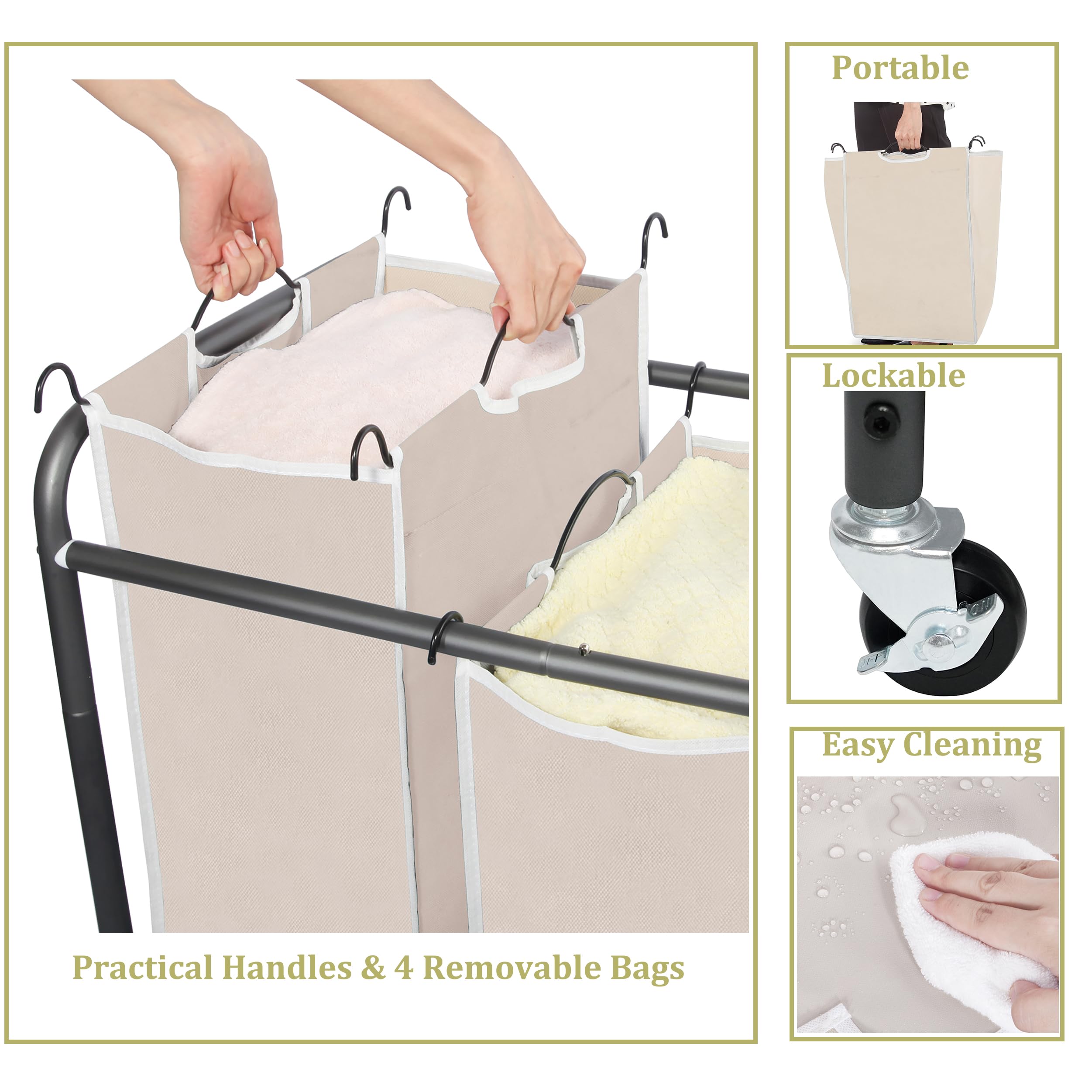4-Section Heavy Duty Rolling Laundry Hamper Cart with Removable Bags & Wheels - Laundry Basket Organizer for Clothes Sorting - Perfect for Laundry Room, Dorm, or Apartment Organization (Beige)