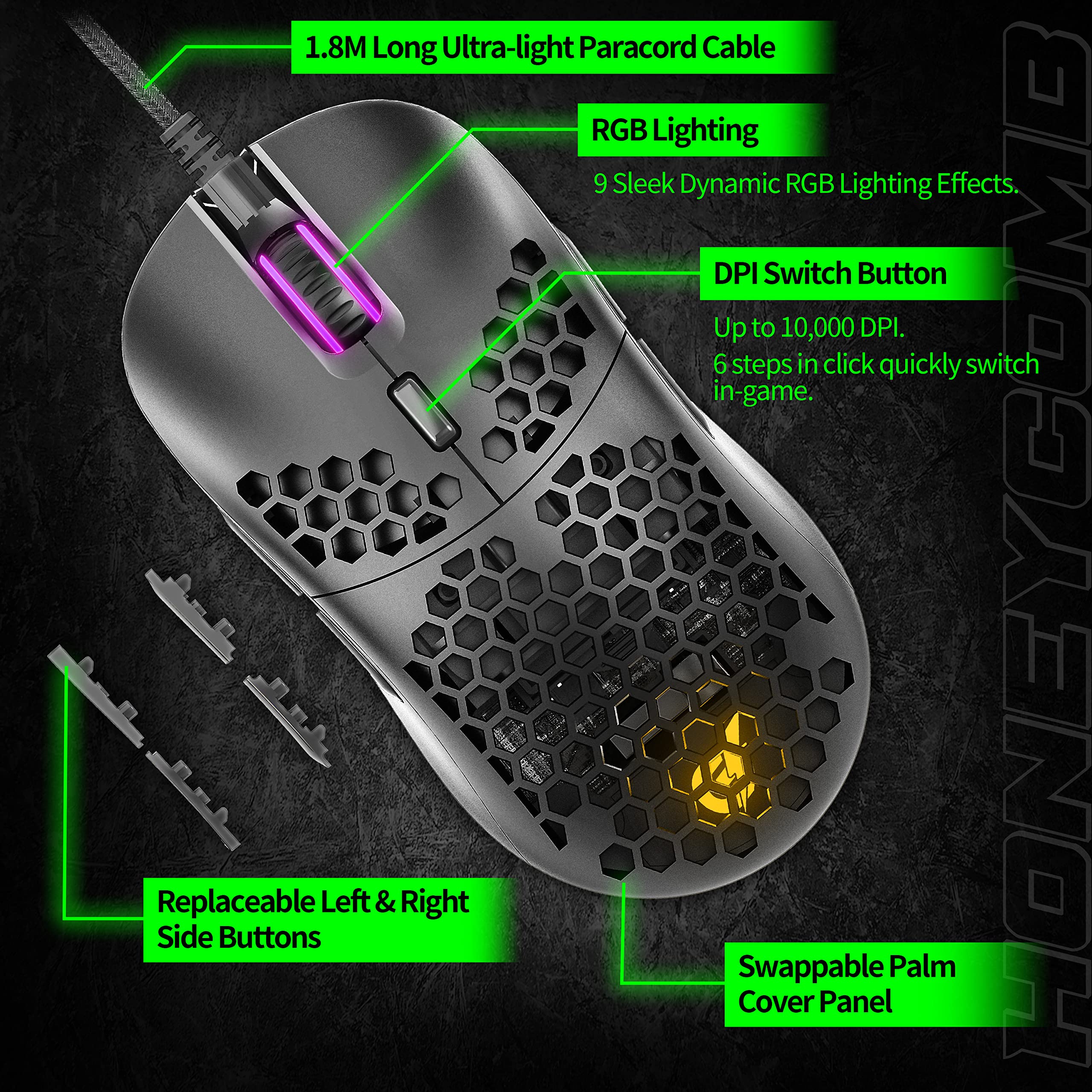 GUNMJO RGB Honeycomb Wired Gaming Mouse - 9 Programmable Buttons, 10,000 DPI, Lightweight Ergonomic Design for PC Gamers - Perfect for FPS, MOBA & Esports (Black)