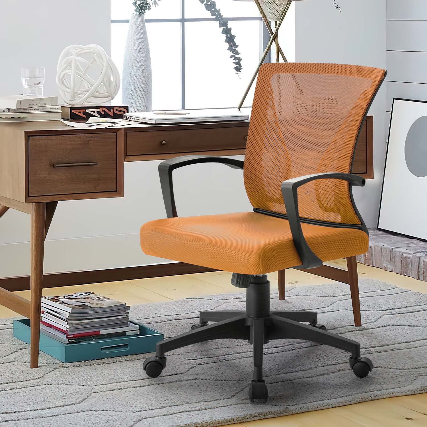 Ergonomic Mesh Office Chair with Lumbar Support - Mid Back Swivel Rolling Computer Desk Chair for Home & Office, Adjustable Armrests (Orange) - Perfect for Long Work Hours, Gaming & Study Sessions
