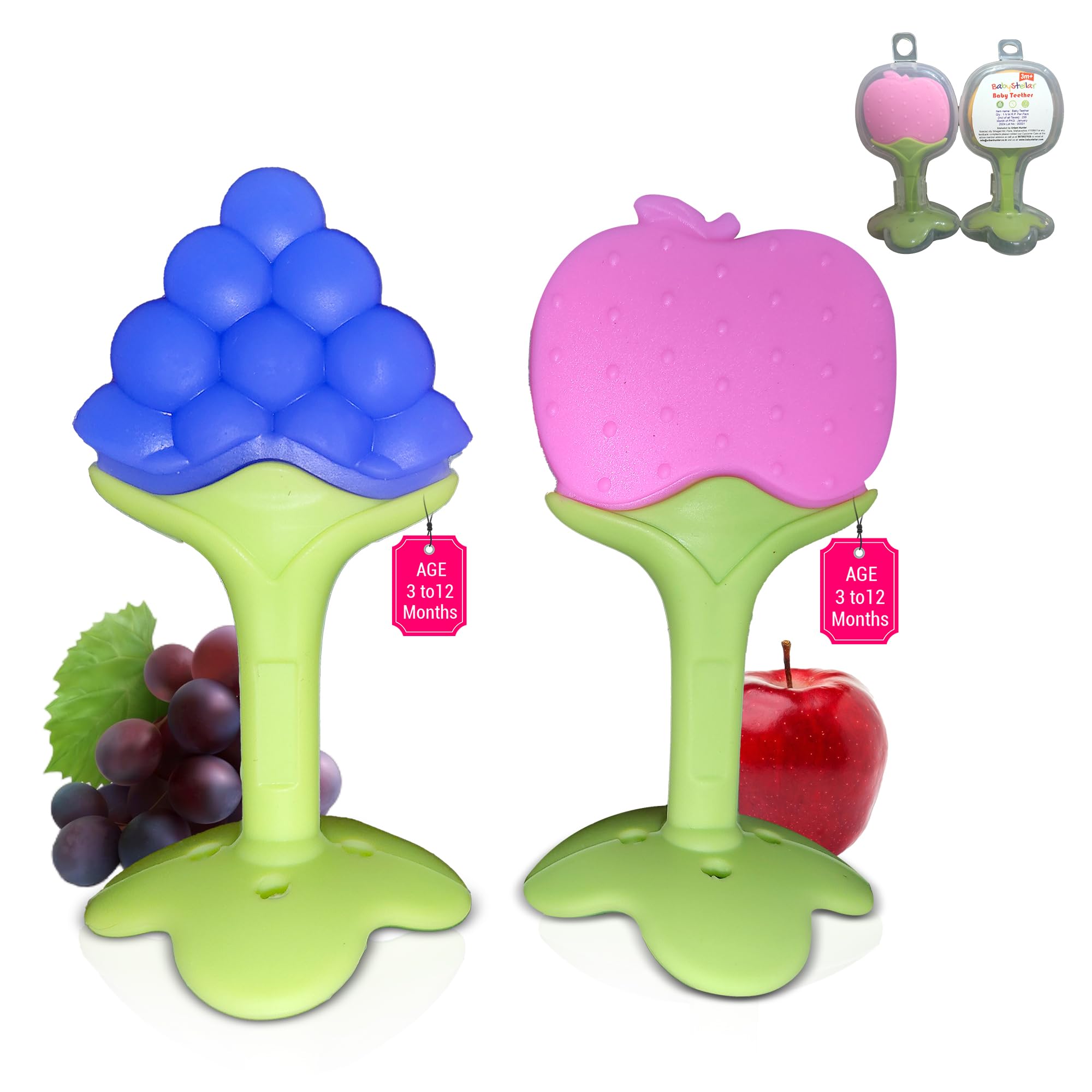 BabyStellar Silicone Teething Toys for Babies 6-12 Months - BPA Free, Food Grade Infant Teether with Soothing Textured Design & Storage Case (2-Pack, Grapes & Apple) - Perfect for Home, Travel & Daycare Use